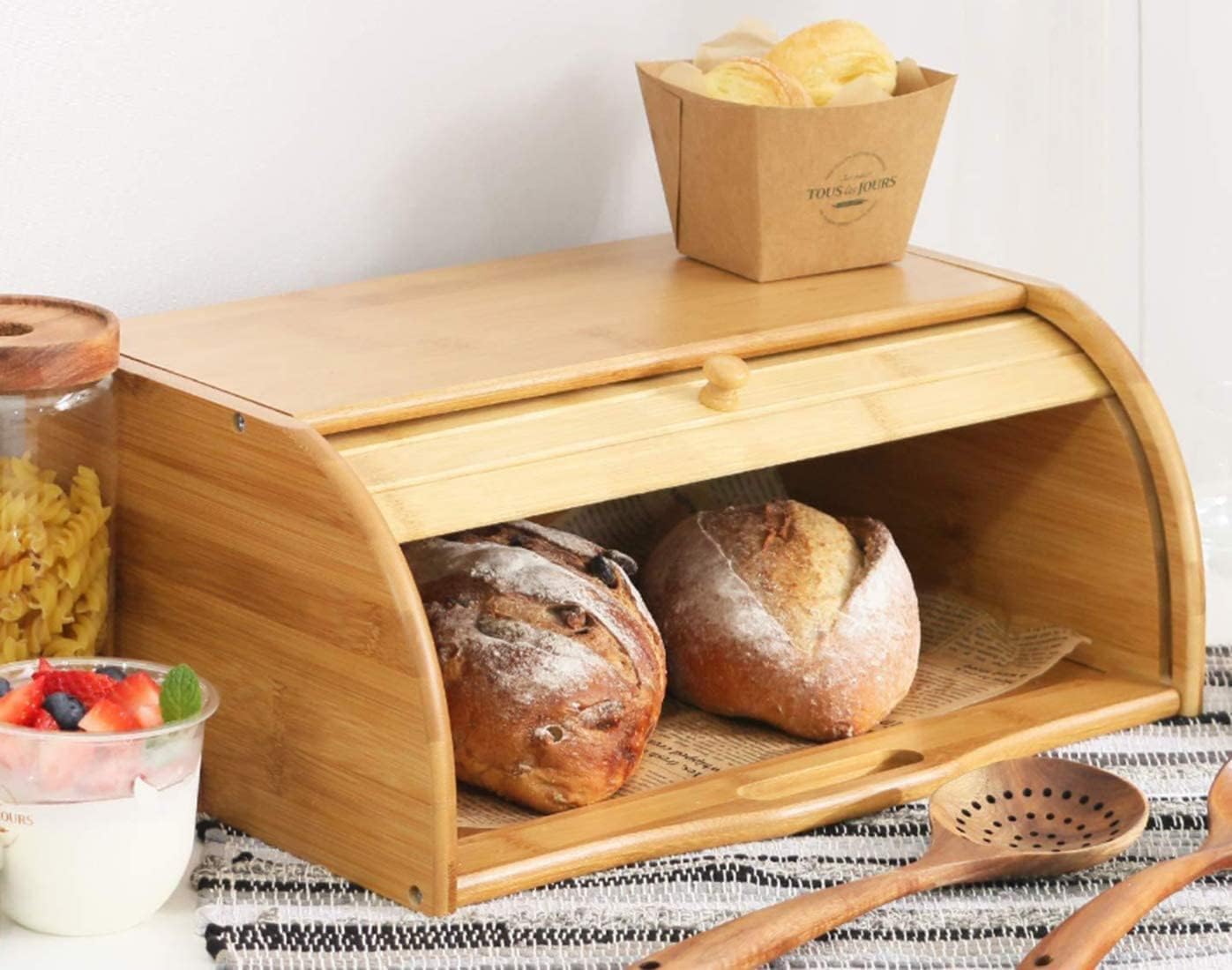 Lawei Bamboo Bread Box, Large Natural Roll Top Wood Bread Box, Countertop Bread Storage Bin, Bread Boxes Holder for
