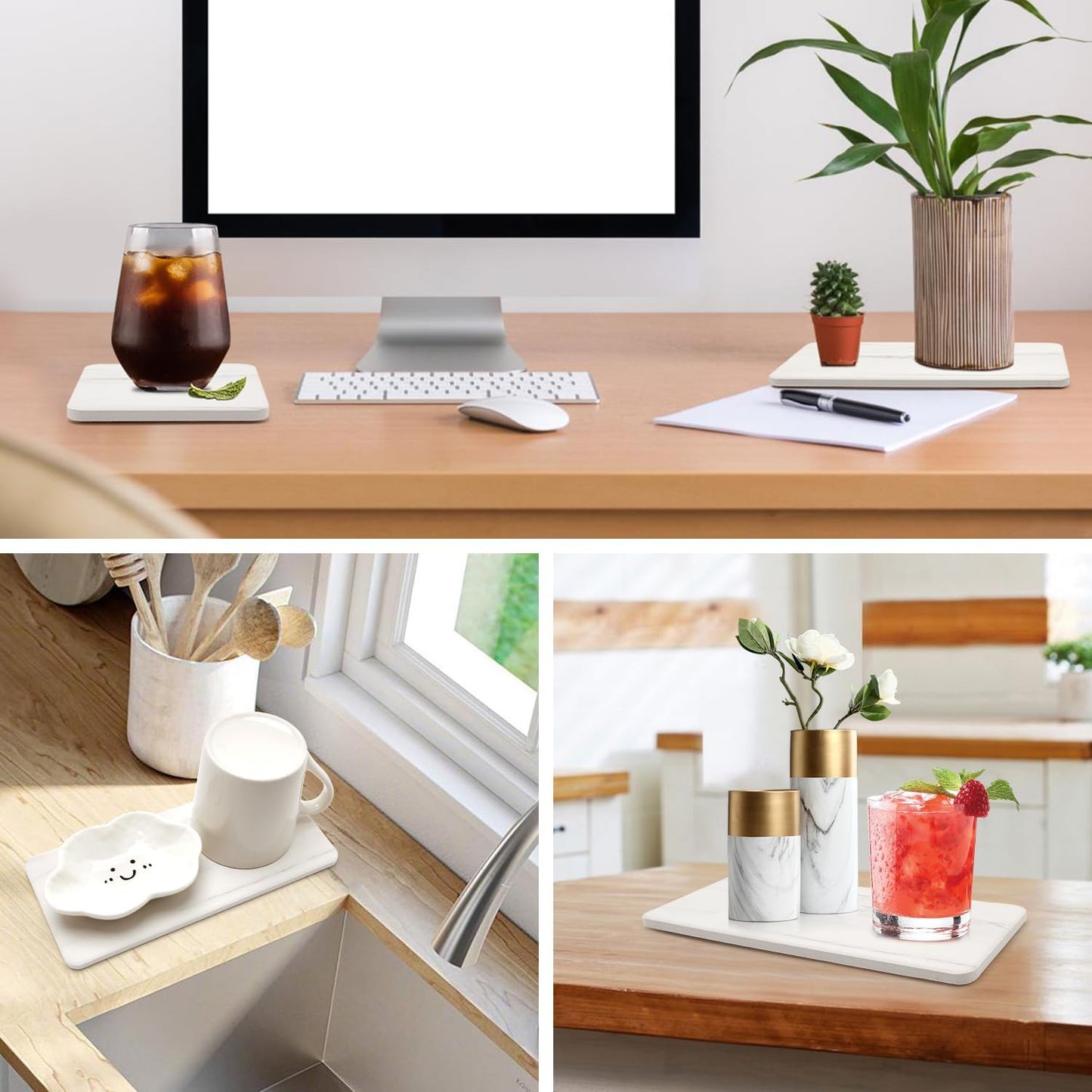 Water Absorbing Stone Drying Tray / White Marble / Set of 4