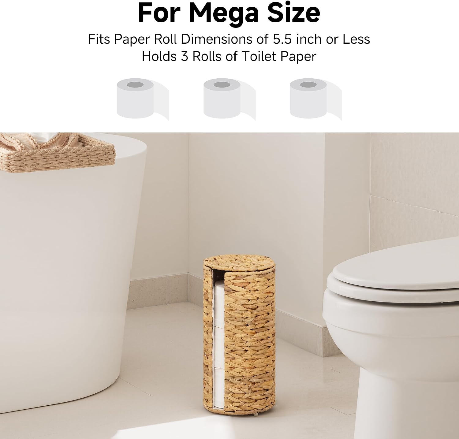 StorageWorks Water Hyacinth Free Standing Toilet Paper Holder Stand for Bathroom, 3 Rolls of Toilet Tissue Storage with