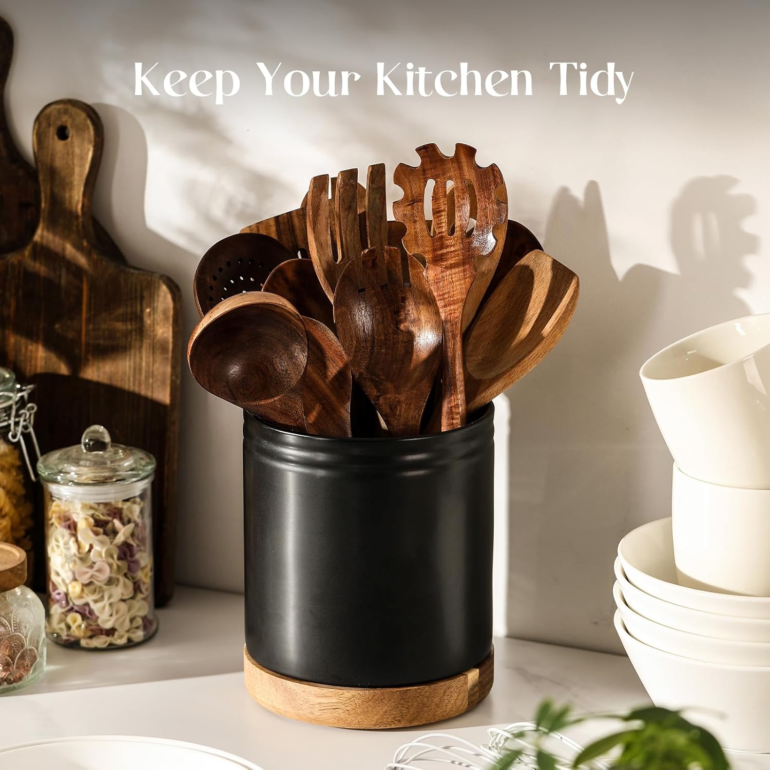 DOWAN 7.6" 360° Rotating Utensil Holder, Kitchen Utensil Holder for Countertop, Ceramic Utensil Crock, Large Cooking