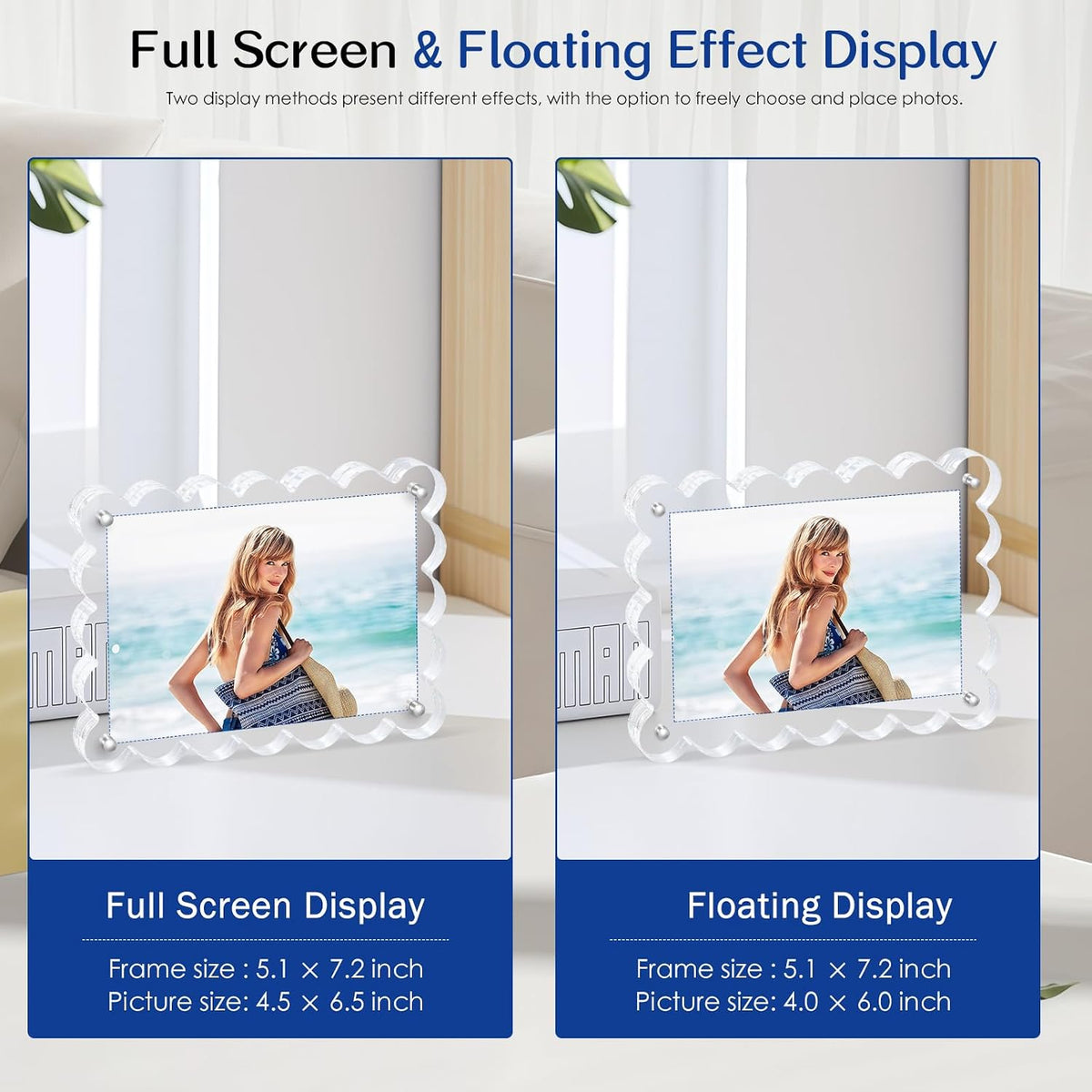 Scalloped Magnetic Picture Frame 4x6 Inch-2Pack Photo Frames | Clear frame,20mm Thick Double-Sided Magnet Design