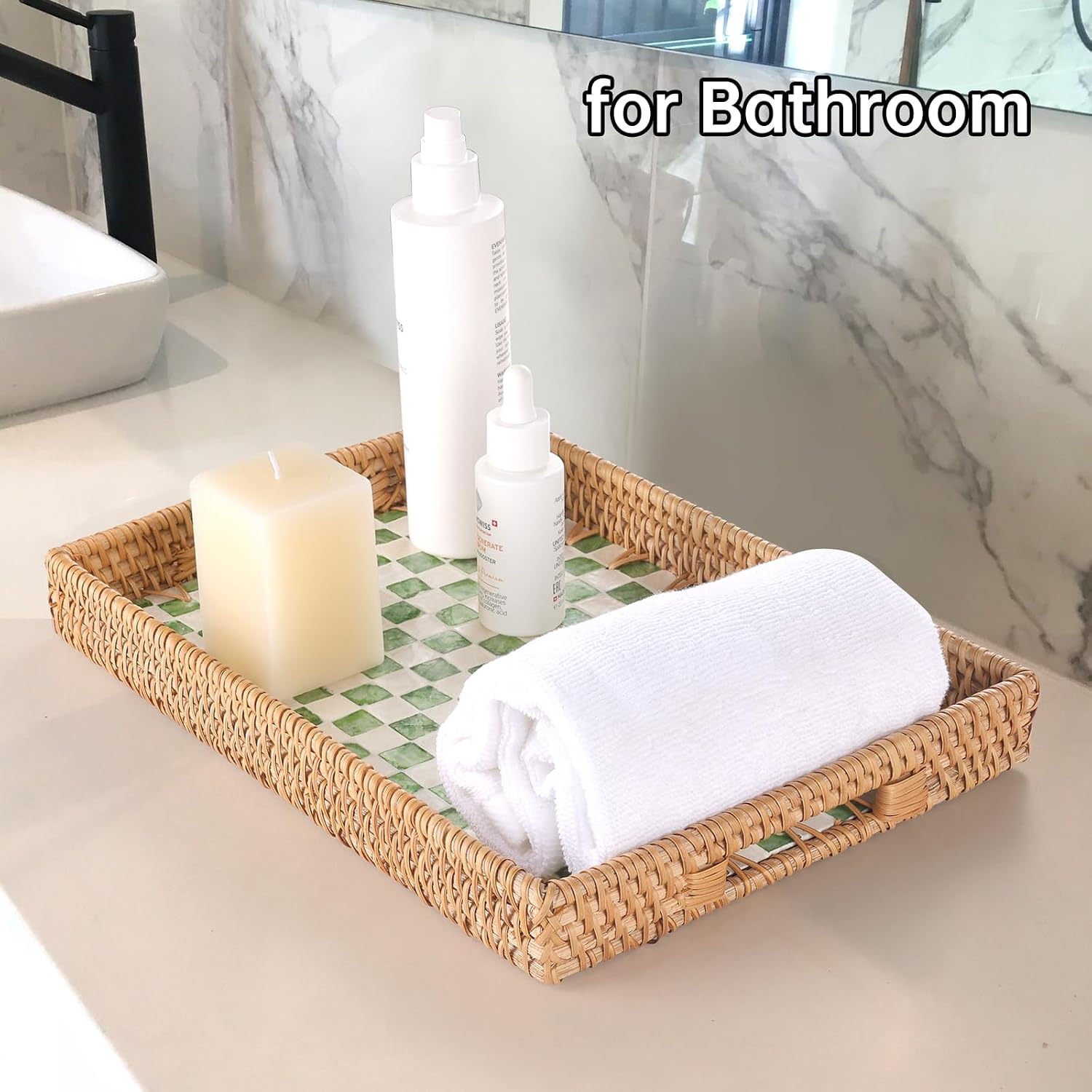 Rattan Serving Tray / Green Checkerboard
