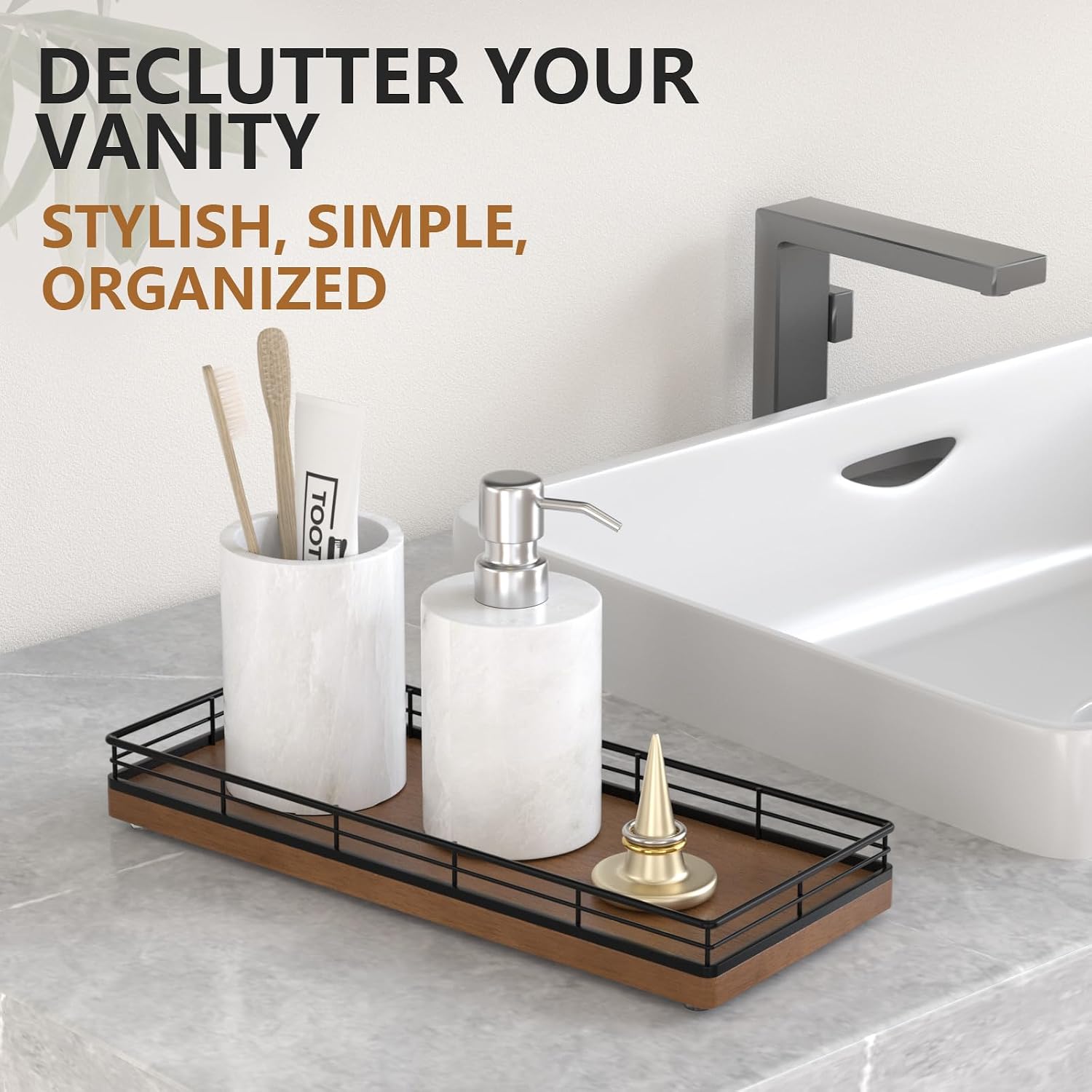 Oak Wood Vanity Tray / Black & Brown / 11 x 4.5 x 1.5