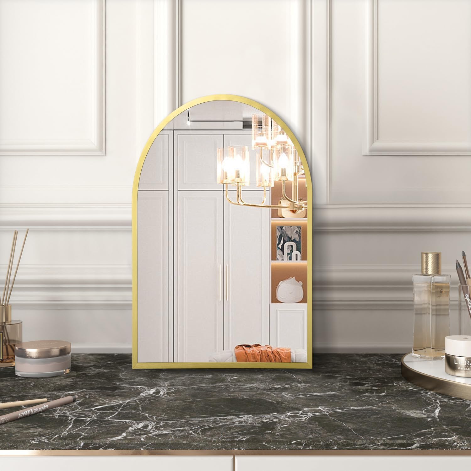 Arch Wall Mirror Aluminum Alloy Frame Mirror for Vanity Living Room / 16"L x 12"W / Light Gold