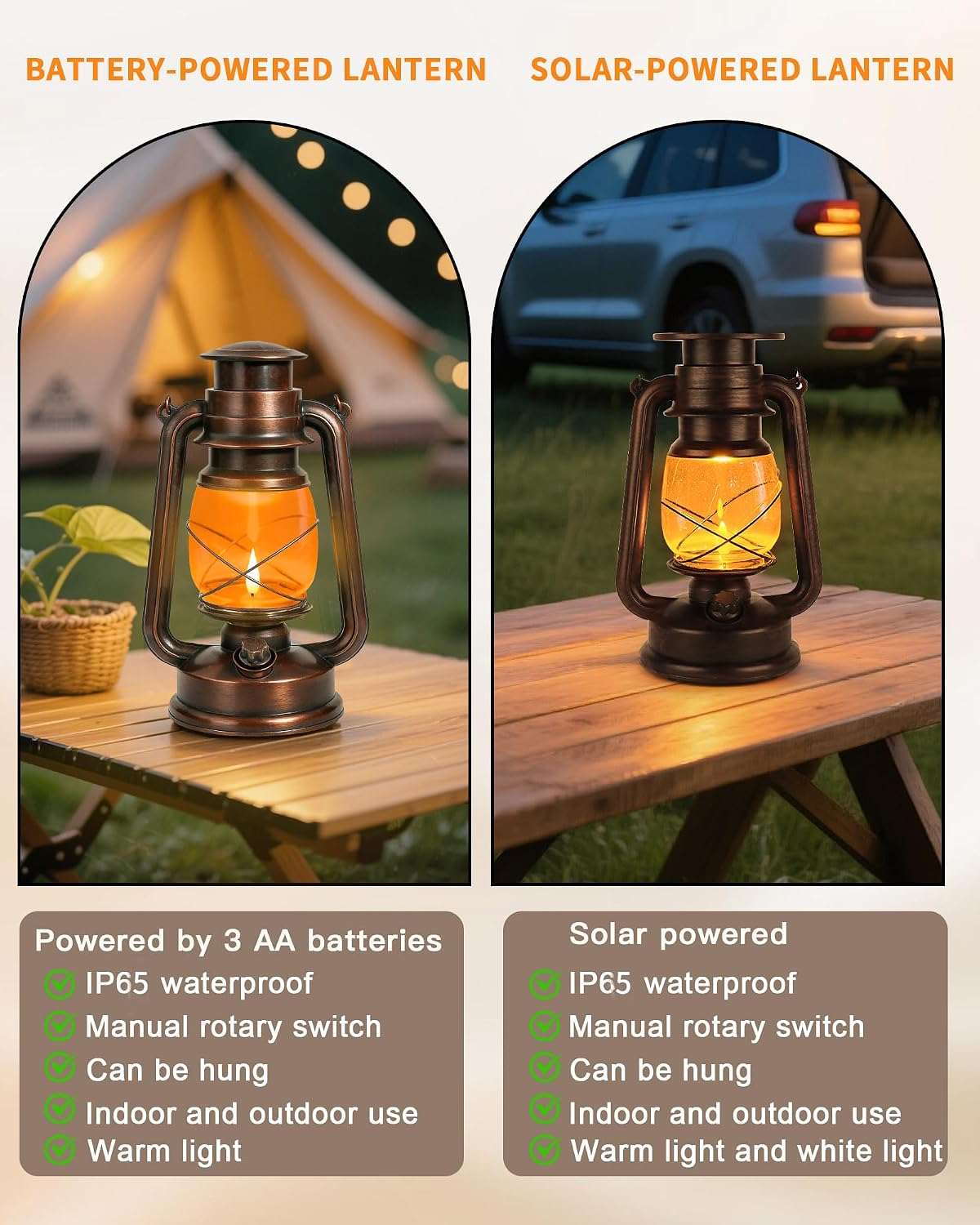 2 Pack Battery Operated Vintage Hanging Lanterns, IP65 Waterproof | 2 Modes (Steady & Flickering), Battery Included