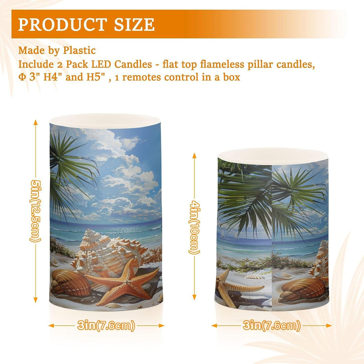 Flickering Flameless Candles, Starfish Seashell Beach Palm LED Candles with Remote Timer, Set of 2 Battery Operated
