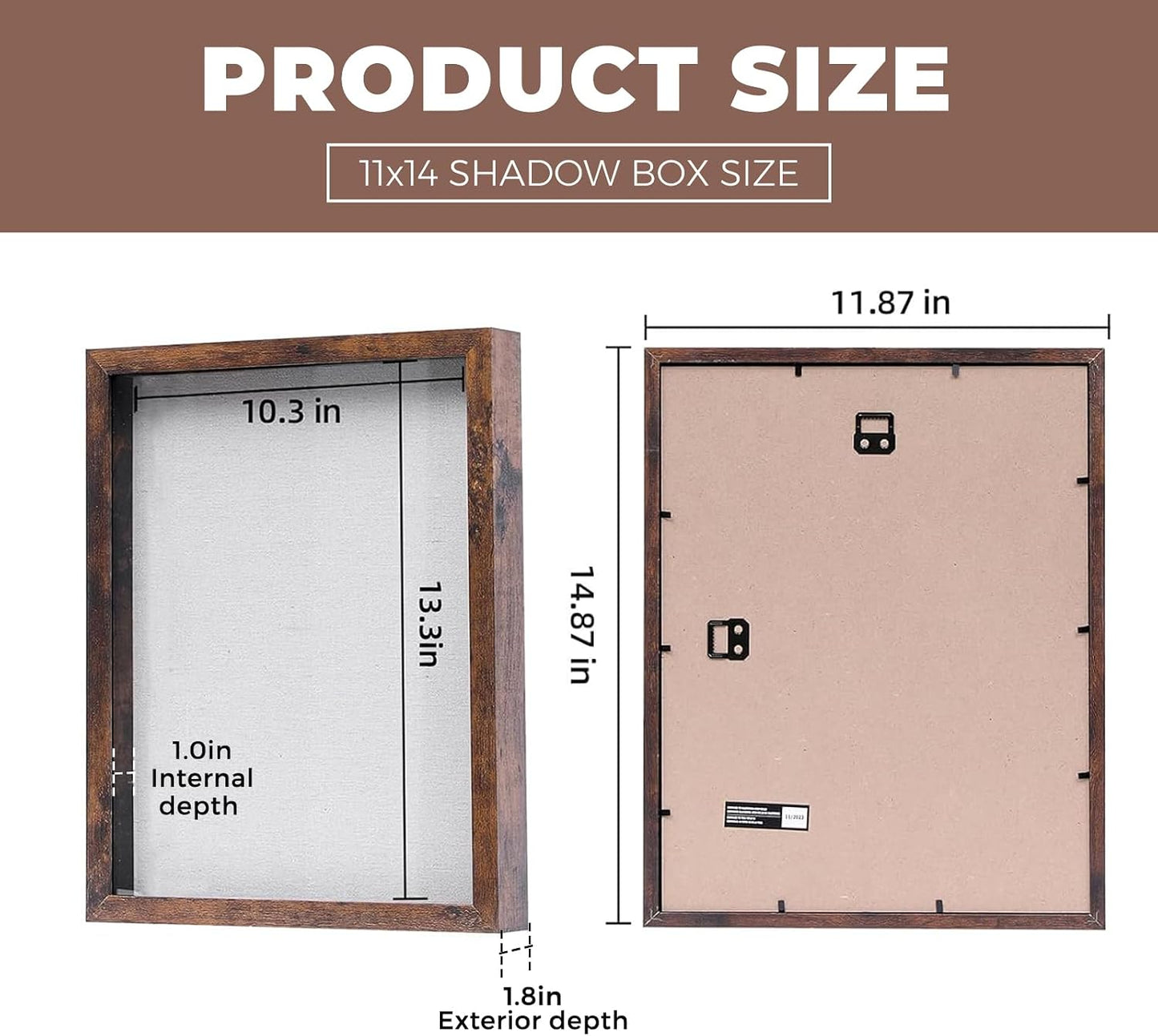 Muzilife 11x14 Shadow Box Wood Picture Frame, Tempered Glass, Honey Brown | FSC-Certified MDF | Soft Acid-free Linen