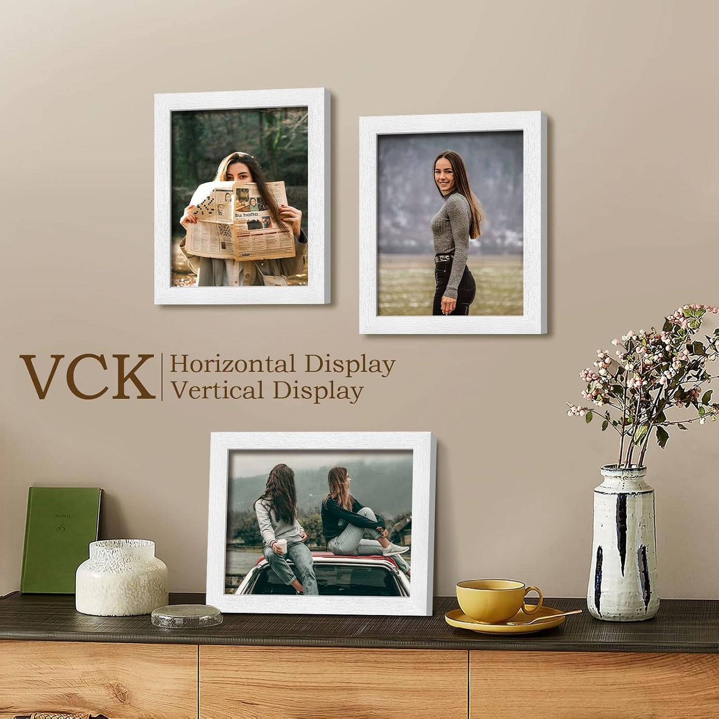 VCK 8x10 Picture Frame White 4 Pack, Wide Thick Wood Border, for Photo | Exclusive Woodgrain, Wall/Tabletop, HD