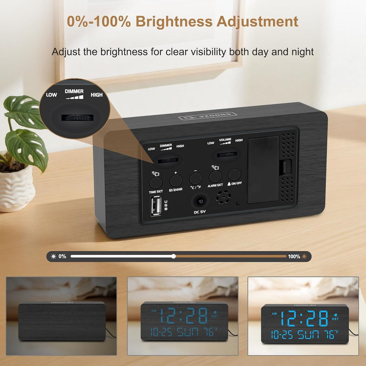 DreamSky Wooden Digital Alarm Clocks for Bedrooms with Date & Day of Week | Living Room Desk Clock, Temperature, USB