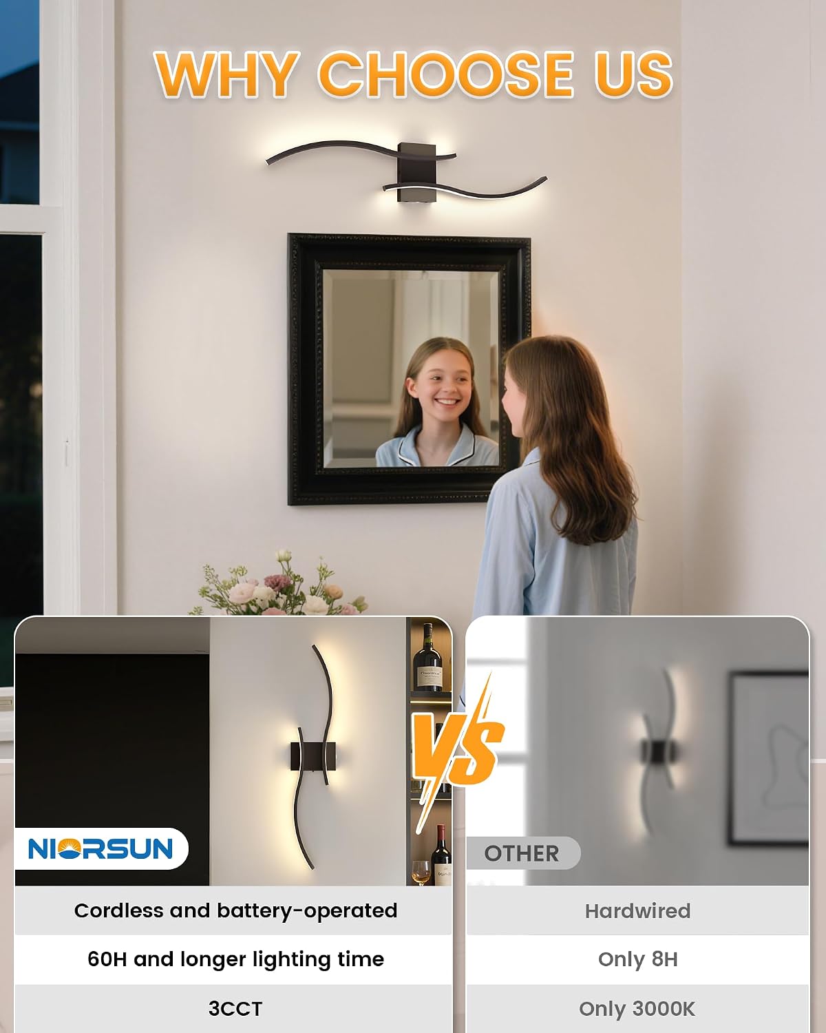 27.6 Inch Battery Operated Wall Sconce Set of 2, Black Modern Rechargeable Wall Lights with Remote, 3CCT Dimmable