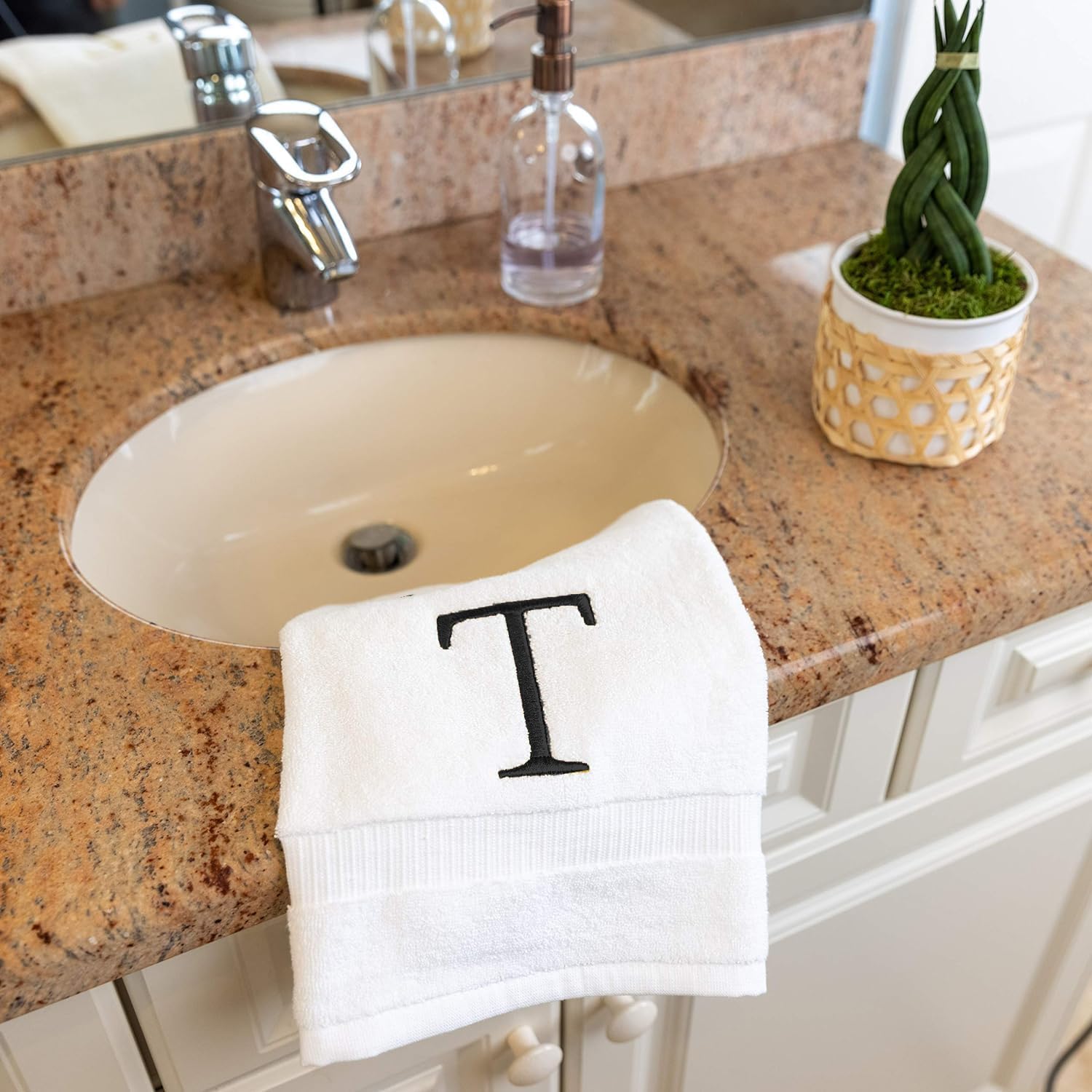White with Dark Gray Monogrammed Hand Towels for Bathroom Set of 2 Letter T | Luxury Hotel Quality Initial Towels For