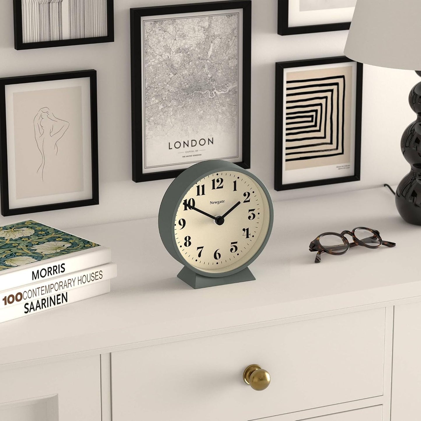 NEWGATE® Theatre Mantel Clock | Modern Classic Round Design | Asparagus Green | Contemporary Style for Desk, Table