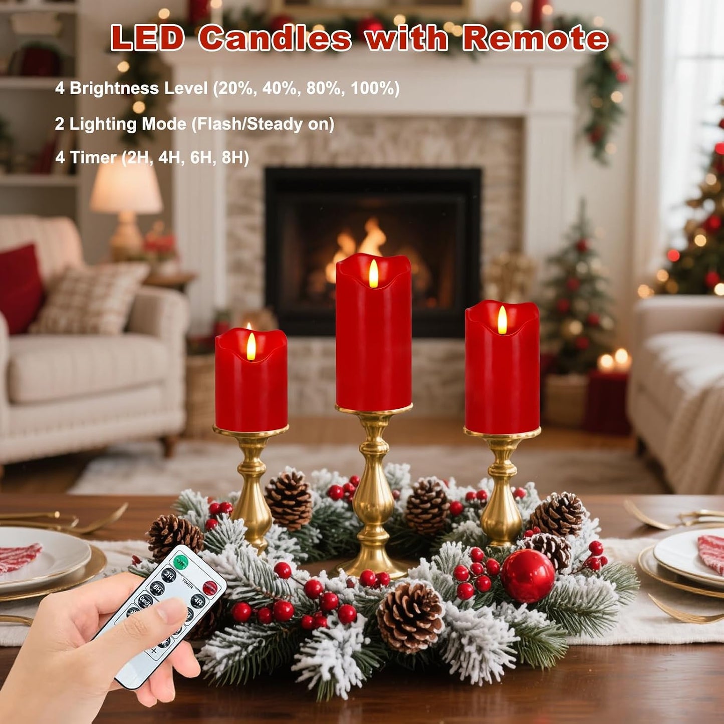 Red Flameless Candles Set of 3, Christmas LED Candles with Remote & Timer | Flickering Real Wax Pillar Candles Battery