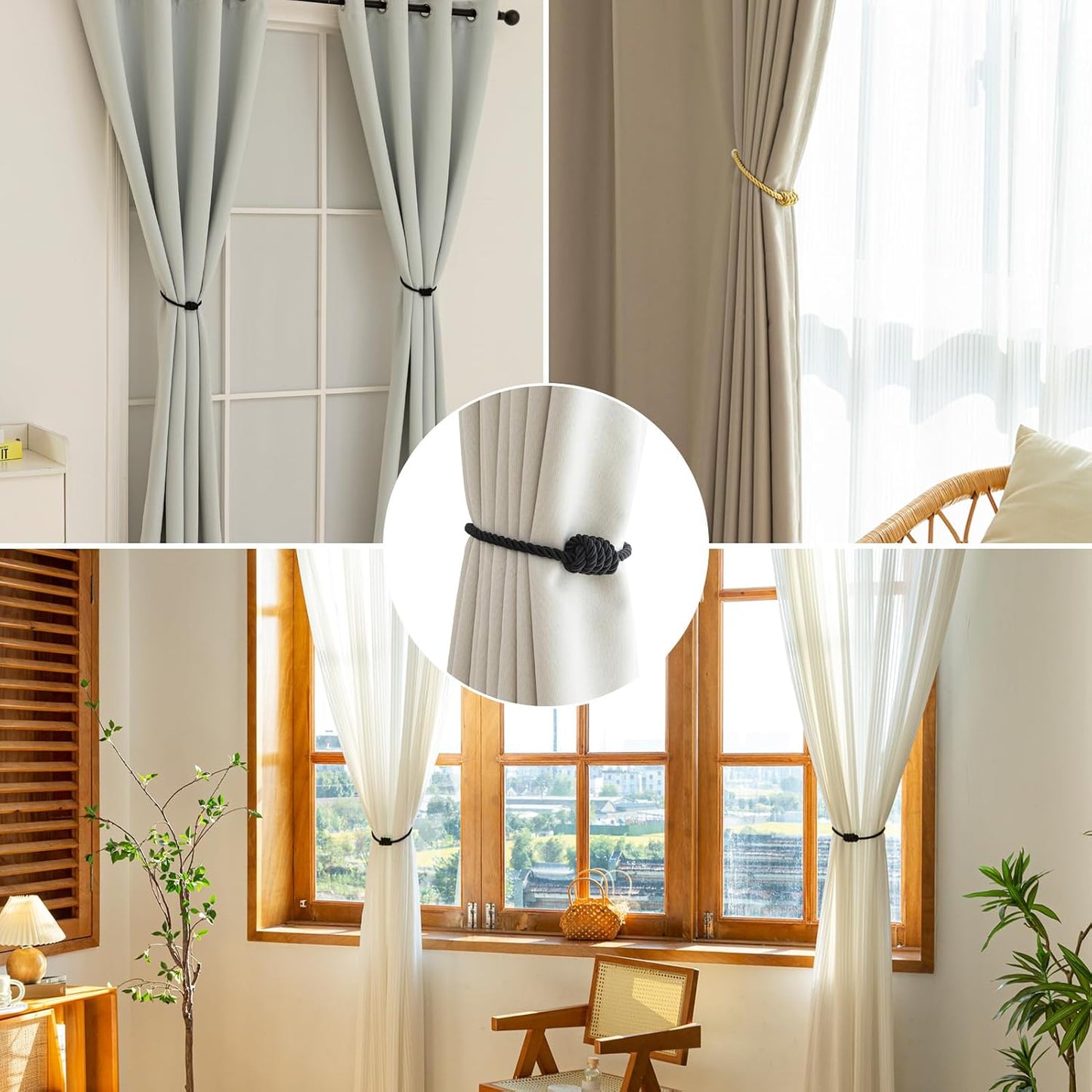 Curtain Tiebacks Magnetic Decorative Rope Tie Backs Holdbacks Contoeey | 8 Pack Black Modern Elegant Window Treatment