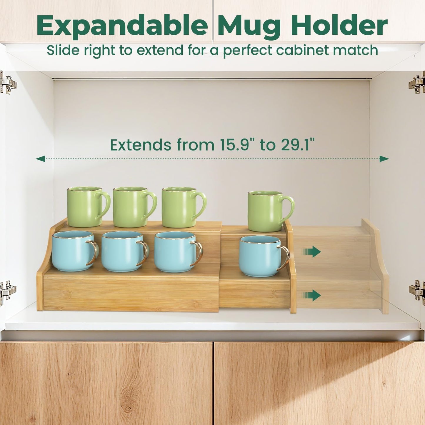 EsLuker.ly Coffee Mug Cup Holder Rack for Cabinets Countertop, Bamboo | 2 Tier Expandable Mug Storage Organizer Coffee