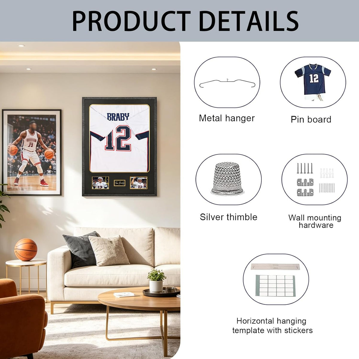 KCRasan Tempered Glass Jersey Frame Display Case with Black Gold Mat | Wooden Sport Jersey Shadow Box Frame with