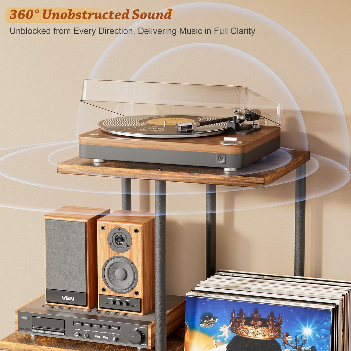 Record Player Stand, Vinyl Record Storage Holder with Display Shelf, Turntable Stand Table with Vinyl Organizer