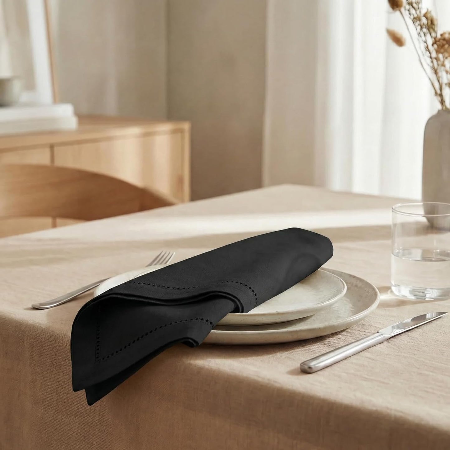Urban Villa Hemstitch Cloth Dinner Napkins Cotton 20”x20” (Set of 12)-Black