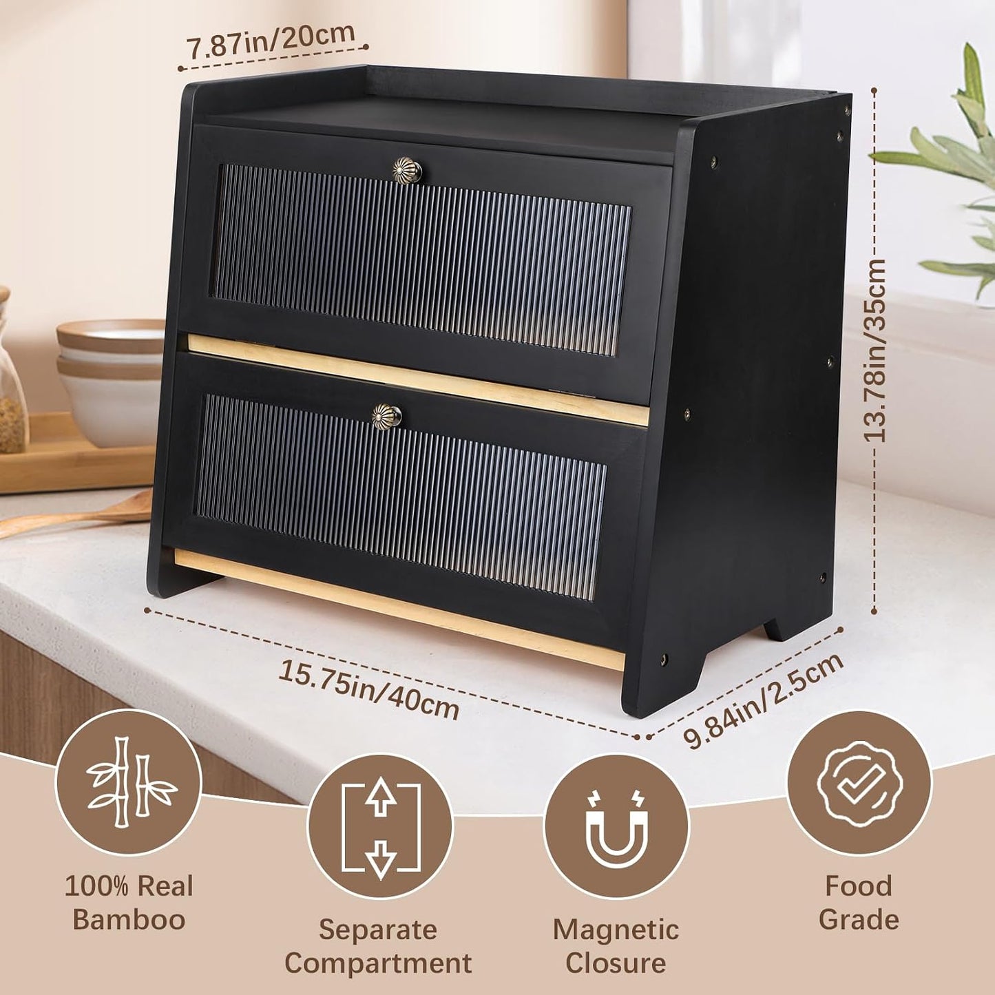 VEDALIO Bread Box For Kitchen Countertop, Black Breadbox, Bread Boxes for Kitchen Counter Organizer Decor Storage