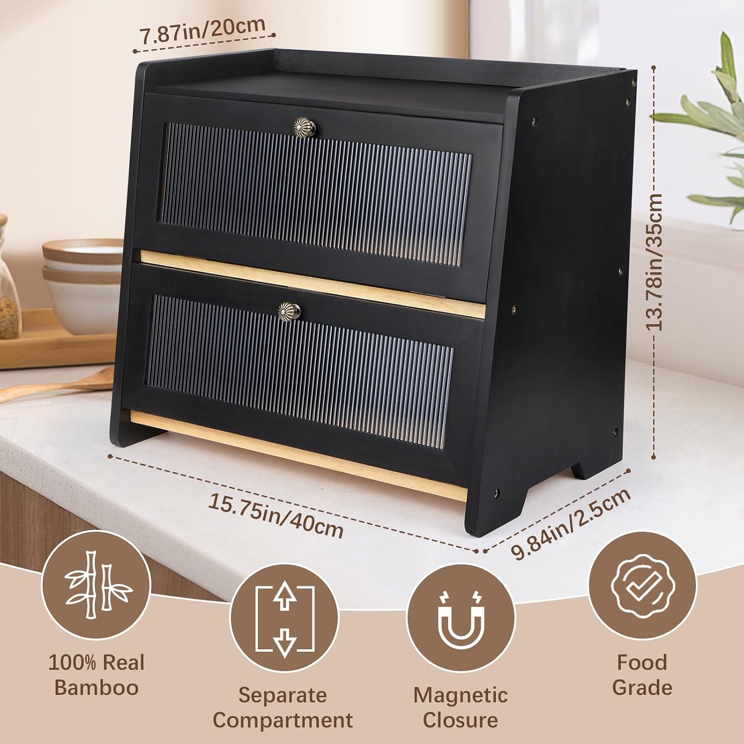 VEDALIO Bread Box For Kitchen Countertop, Black Breadbox, Bread Boxes for Kitchen Counter Organizer Decor Storage