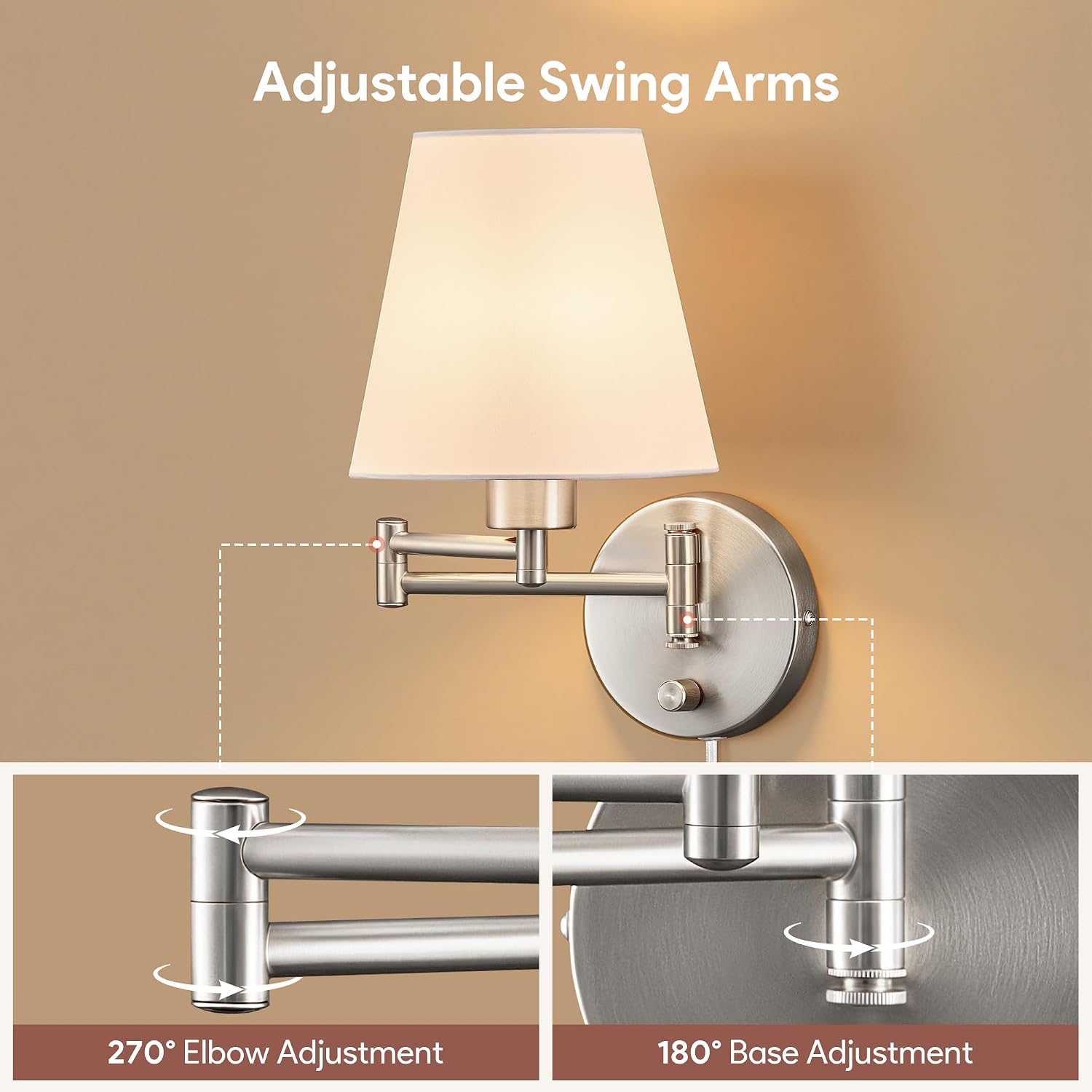 VONLUCE Wall Lamp, Plug in & Swing Arm Wall Sconce, Nickel Finish | Modern Wall Lights with White Fabric Shades, Plug
