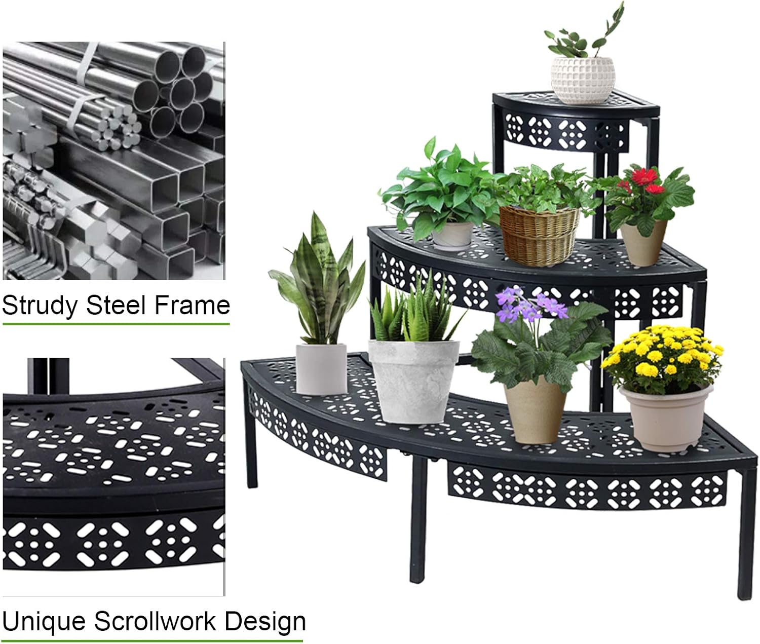 aboxoo 3-Tier Metal Plant Stand, Stair-Step Corner Shelf for Indoor/Outdoor | Holds multiple flower pots,Quarter-round