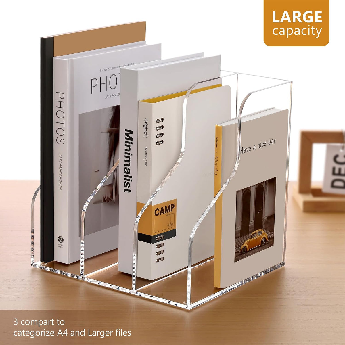SANRUI Acrylic File Organizer, Clear Magazine Holder with 3-Section, A4 | Desk Organizer with 2.76"-Wide Compartments