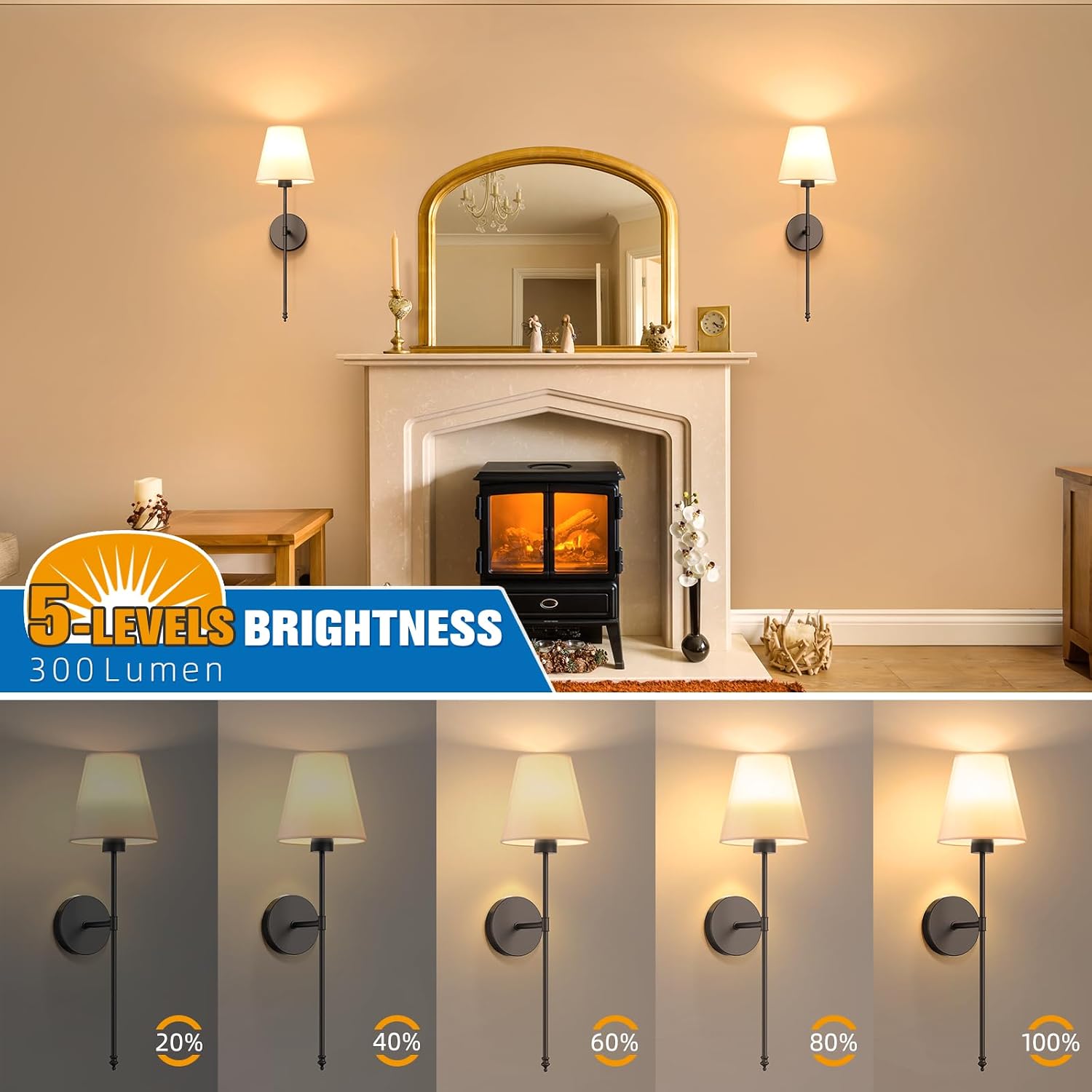 19.9 inch Battery Operated Wall Sconce Set of 2,Black Rechargeable Wall Lights with 10400mAh Dimmable Detachable Bulbs
