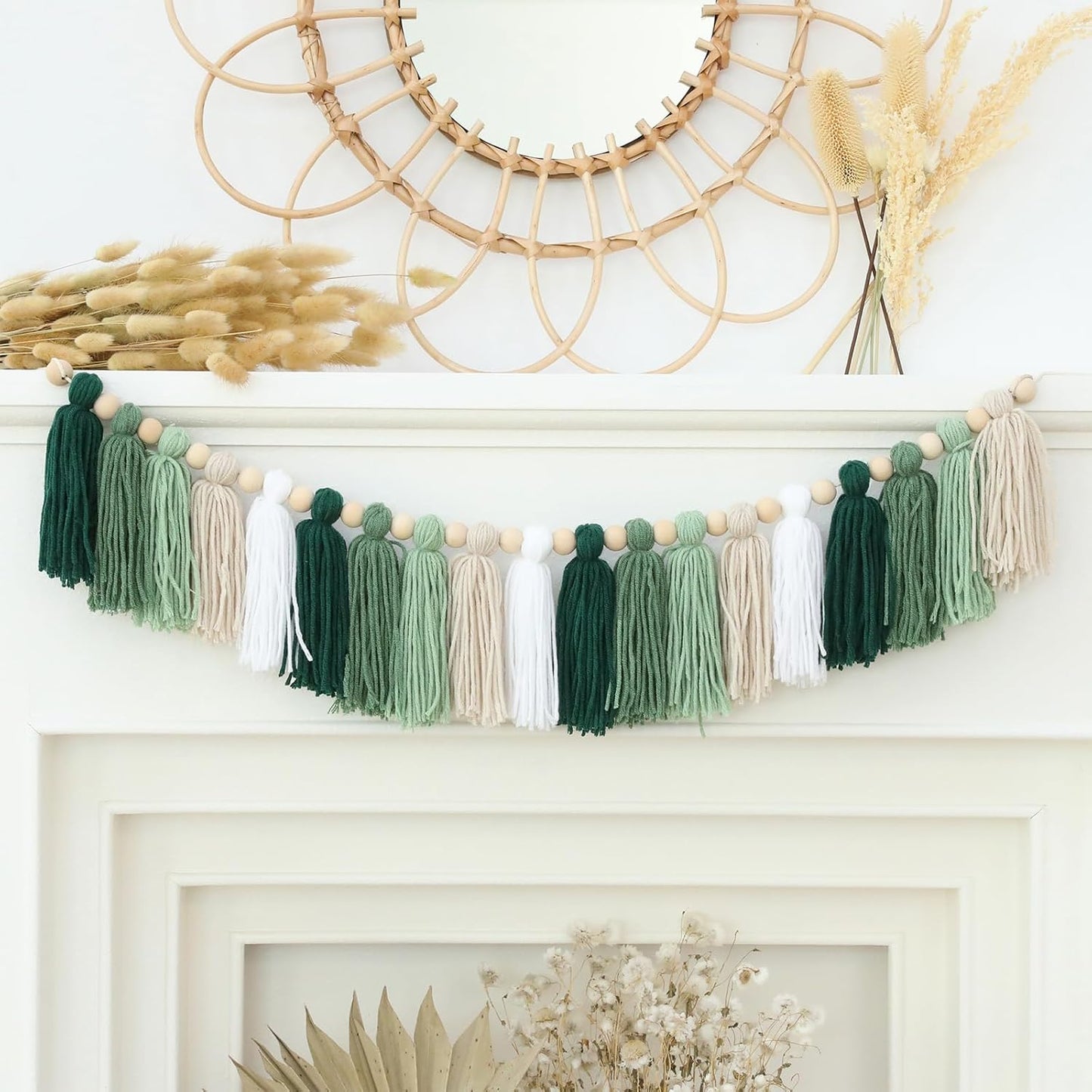 Green Tassel Wood Bead Garland Wall Hanging In Home Decor For Nursery Kids Bedroom / Green Banner