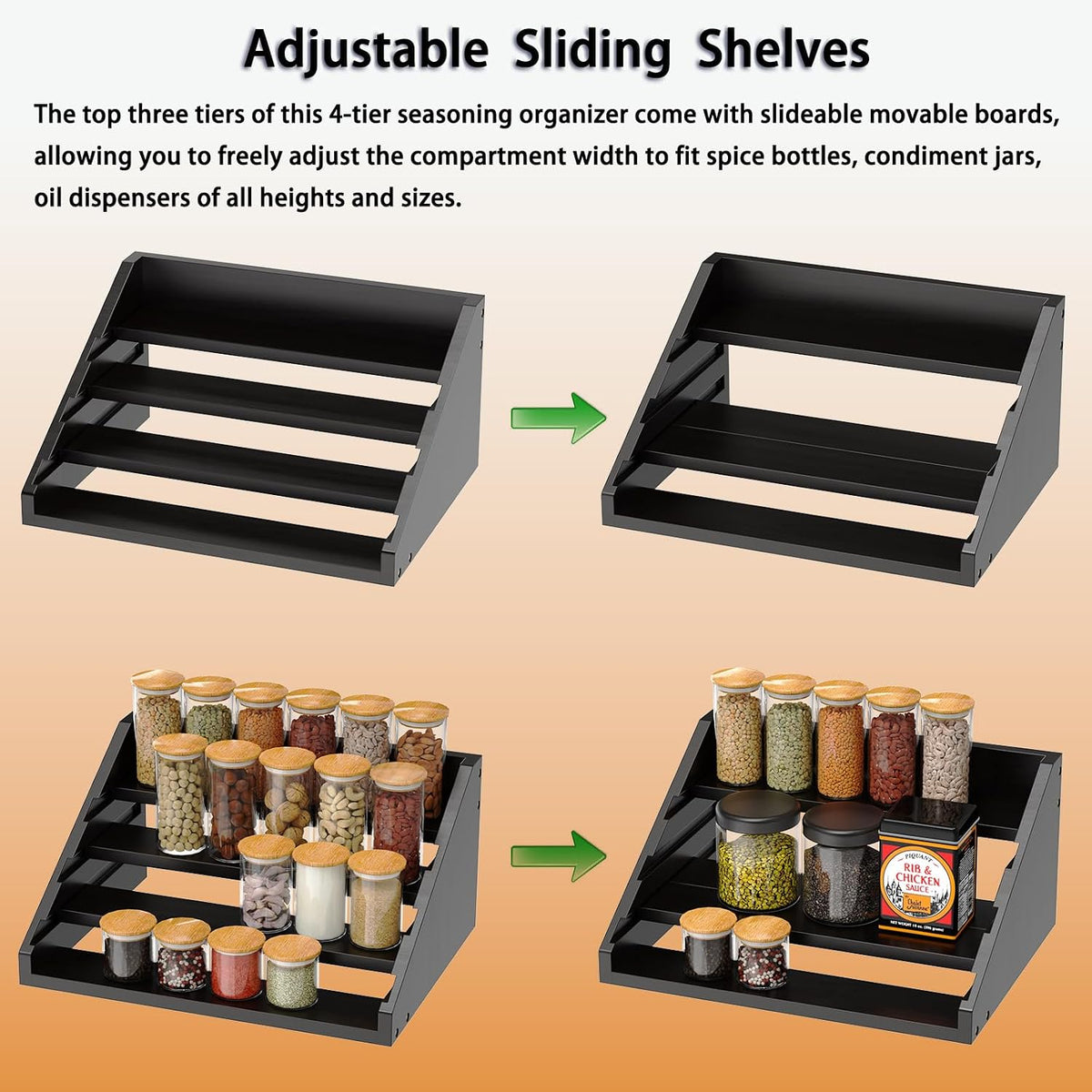 Solid Wood Spice Rack Organizer for Countertop & Cabinet, 4 Tier Adjustable Wooden Spice Shelf with Sliding Track