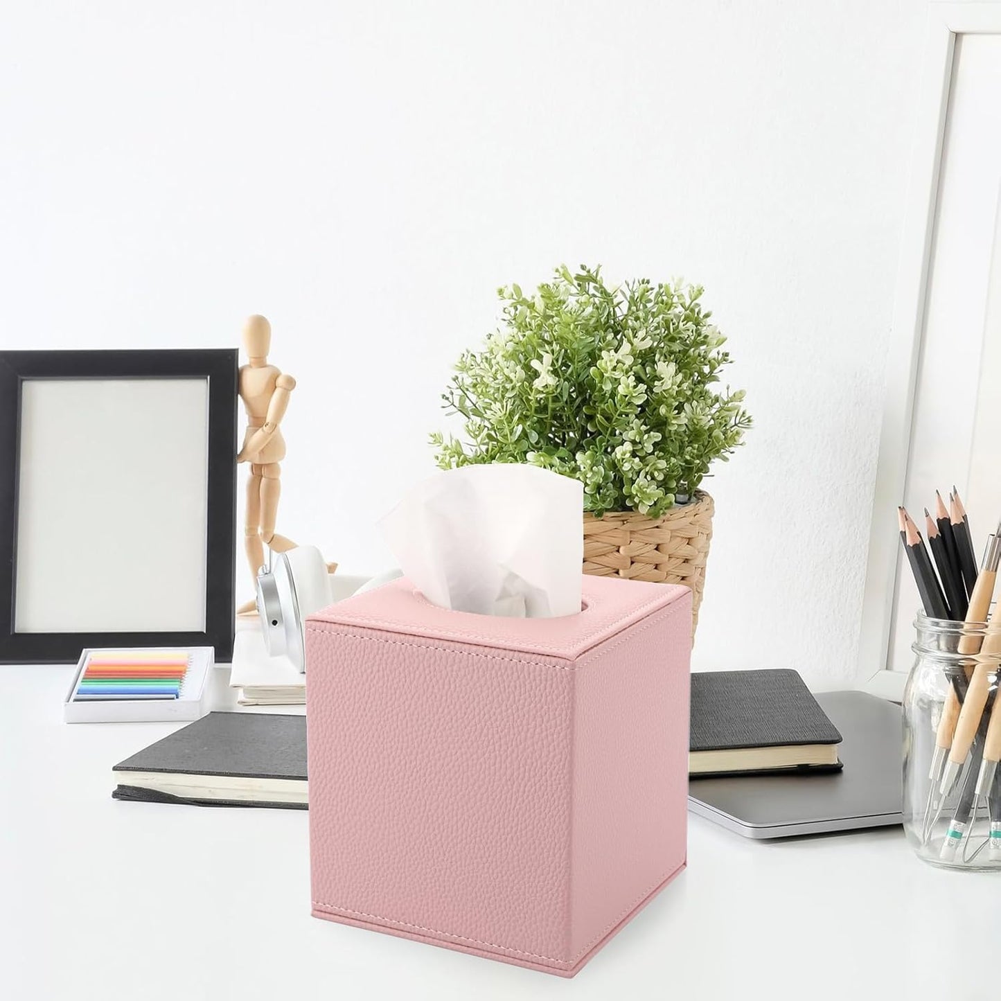 Tissue Box Cover Square Tissue Box Stylish PU Tissue Box Holder / Pink