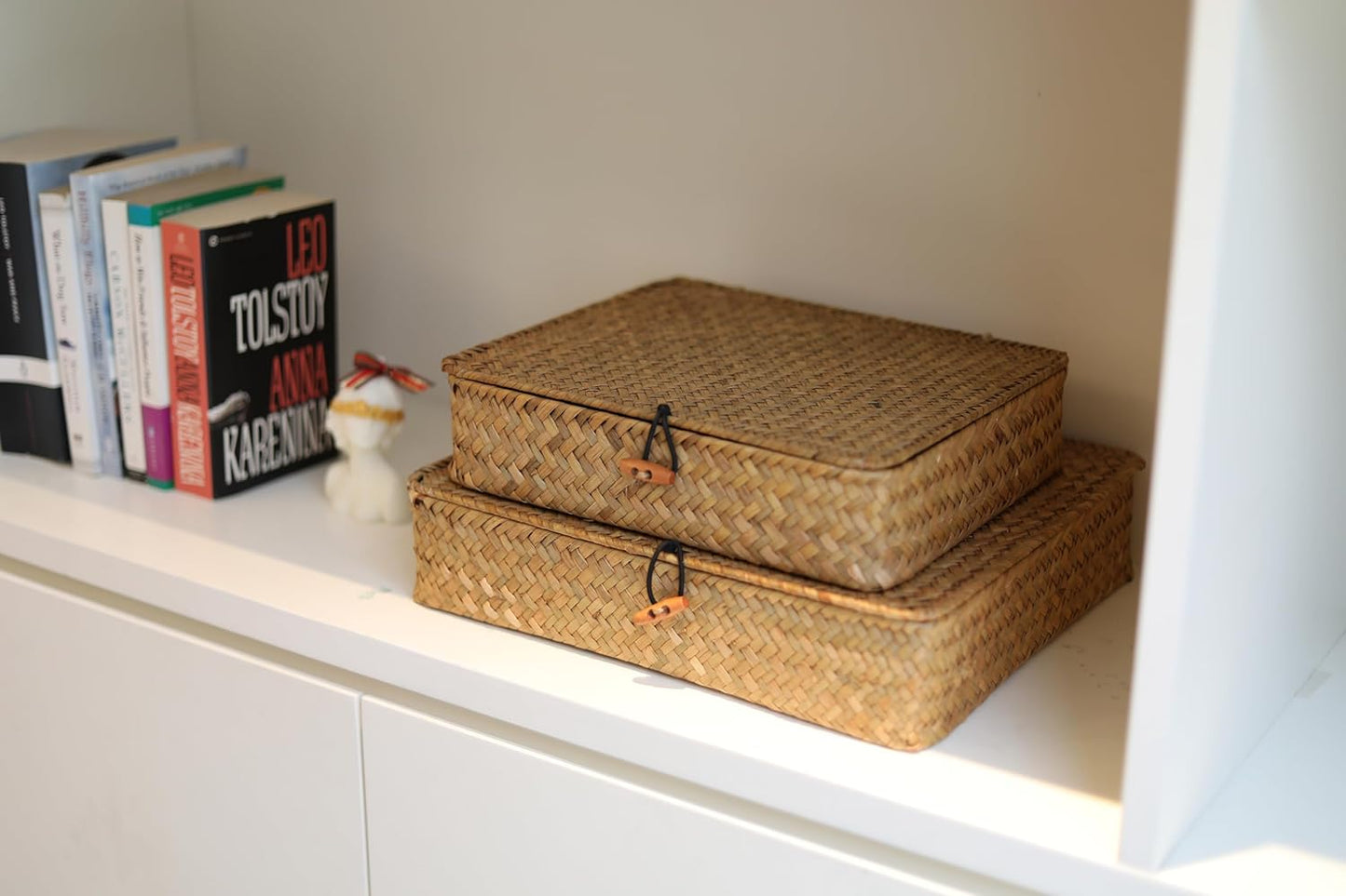 Wicker Basket / Flat Seagrass Storage Bins / Natural / Set of 2