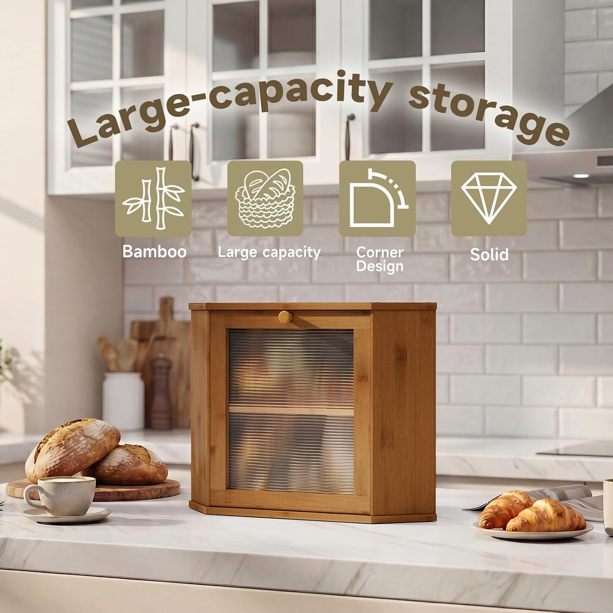 Bread Box for Kitchen Corner Countertop,Large Bread Basket (Brown, Large) | Double Layer Bamboo Bread Storage Container