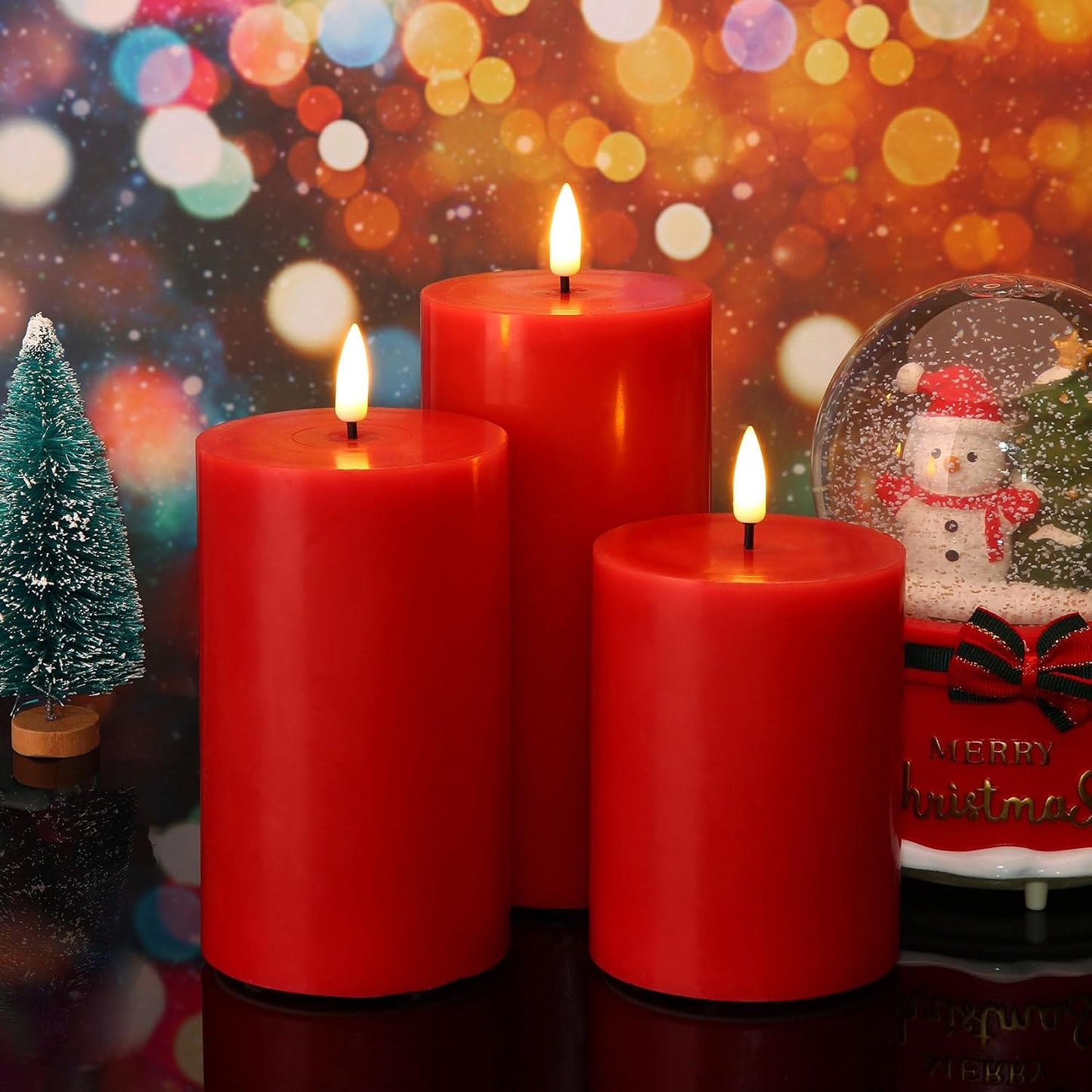 Red Christmas Flameless Pillar Candles with Remote Set of 3 | Flickering LED Wax Candles, Flat Top, 2 AA Battery Power