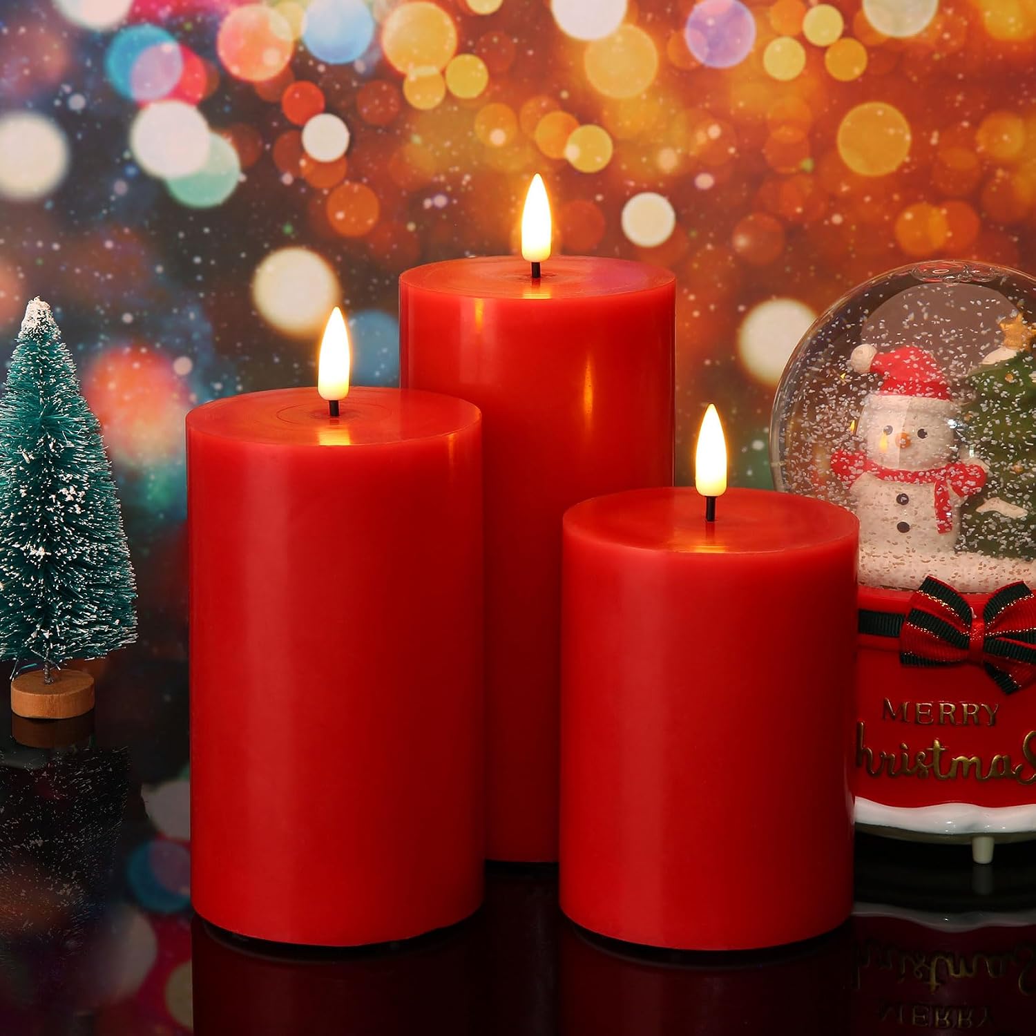 Red Christmas Flameless Pillar Candles with Remote Set of 3 | Flickering LED Wax Candles, Flat Top, 2 AA Battery Power