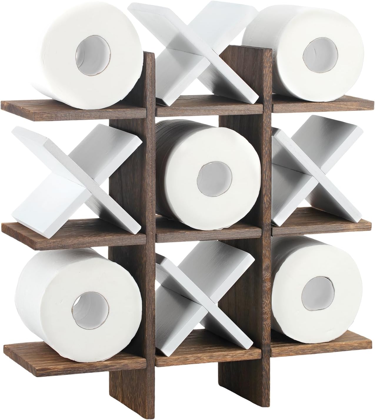 Weysat Tic Tac Toe Toilet Paper Holder,White, Dark Brown | Farmhouse Bathroom Decor, Freestanding or Wall Mount Storage