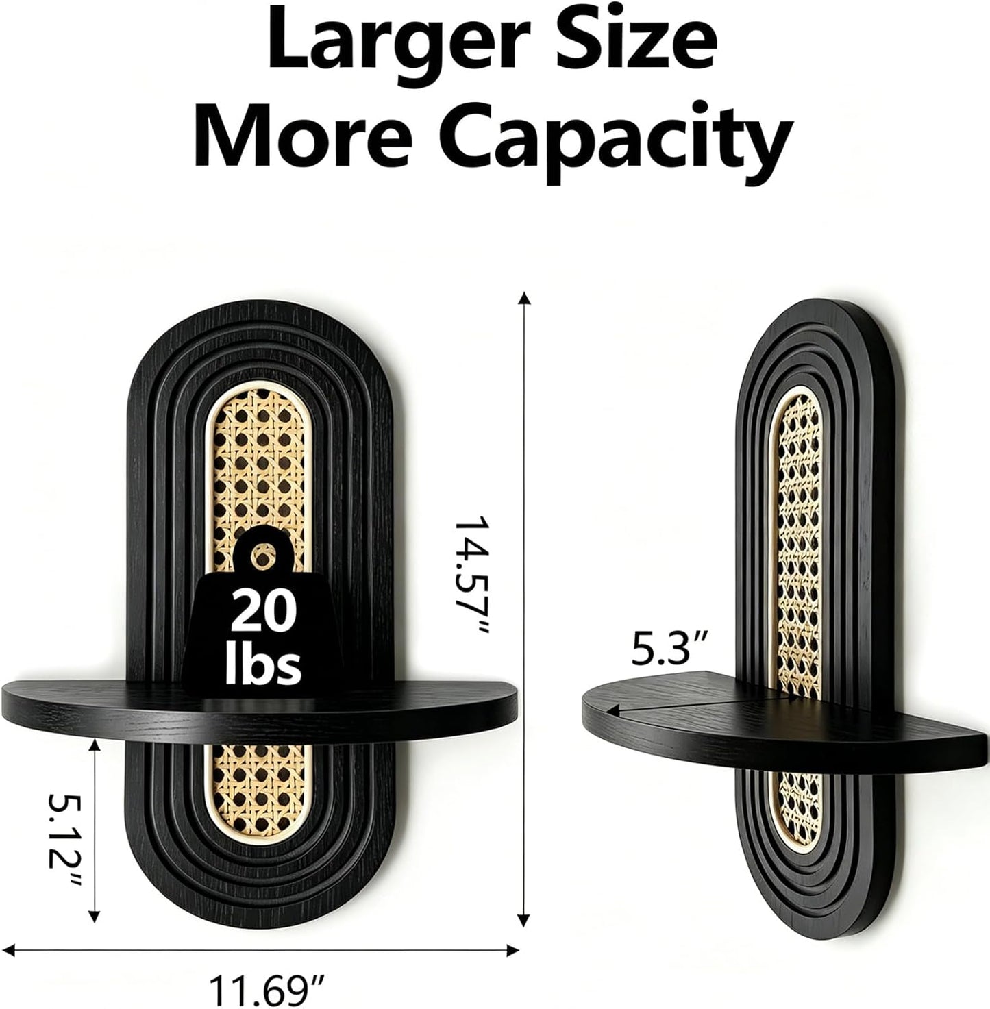 Floating Shelves / Rattan Plant Shelf / Black / Set of 2