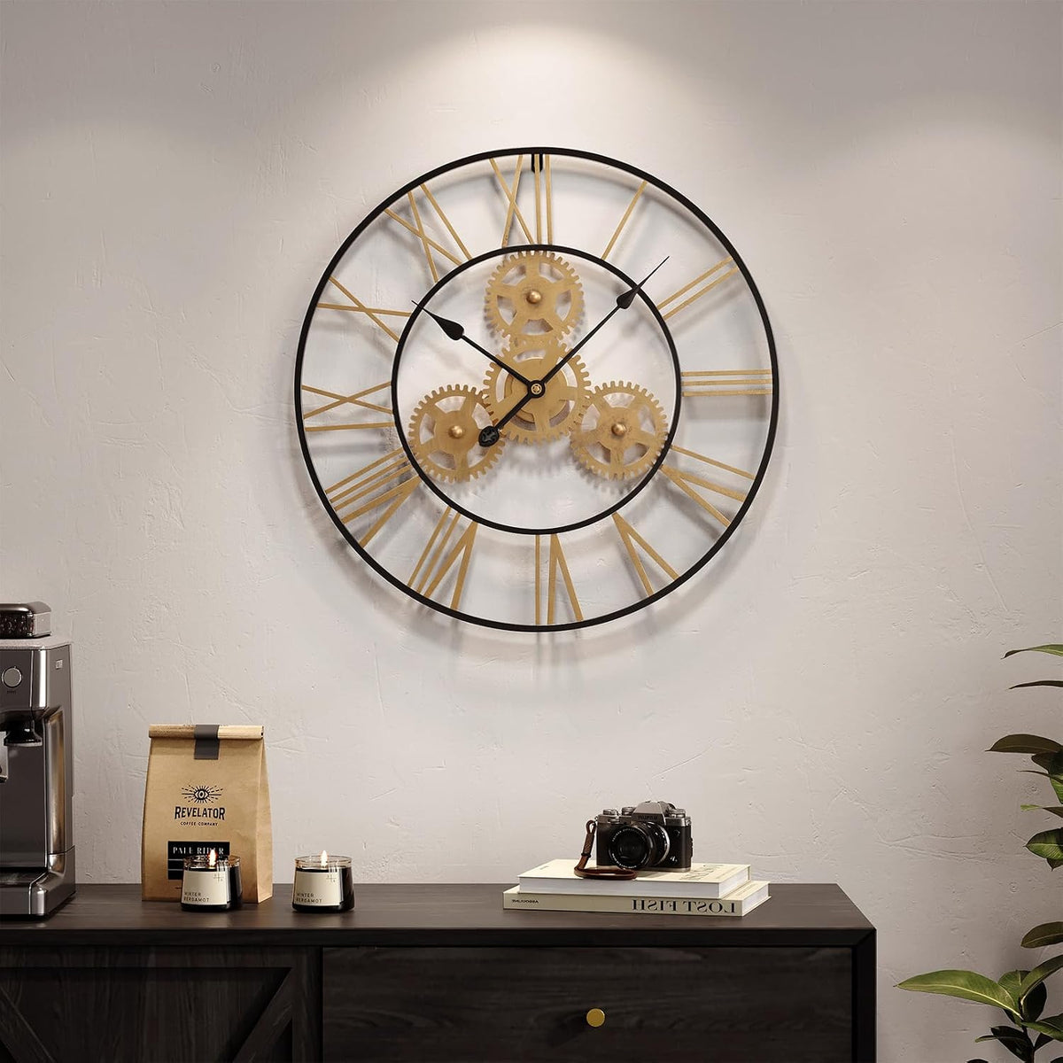 Cuspin 24 Inch Wall Clock Black Gold Industrial Metal Gear Decorative Clock | Silent non ticking, battery operated
