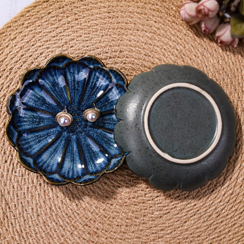 Ceramic and Green Flower Jewelry Tray / Blue / Set of 2