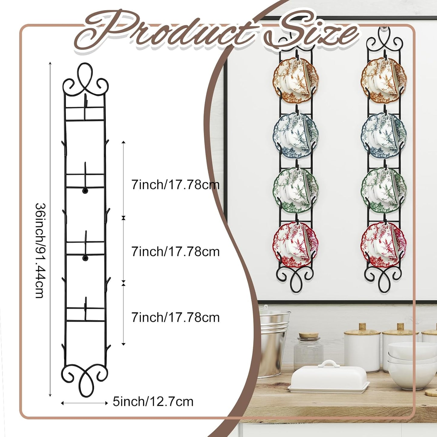 Blulu 2 Pcs Wall Mounted Tea Cup & Saucer Display Rack 4 Tiers,Black | 36 x 5 Inch Vertical Metal Mug & Plate Hanger
