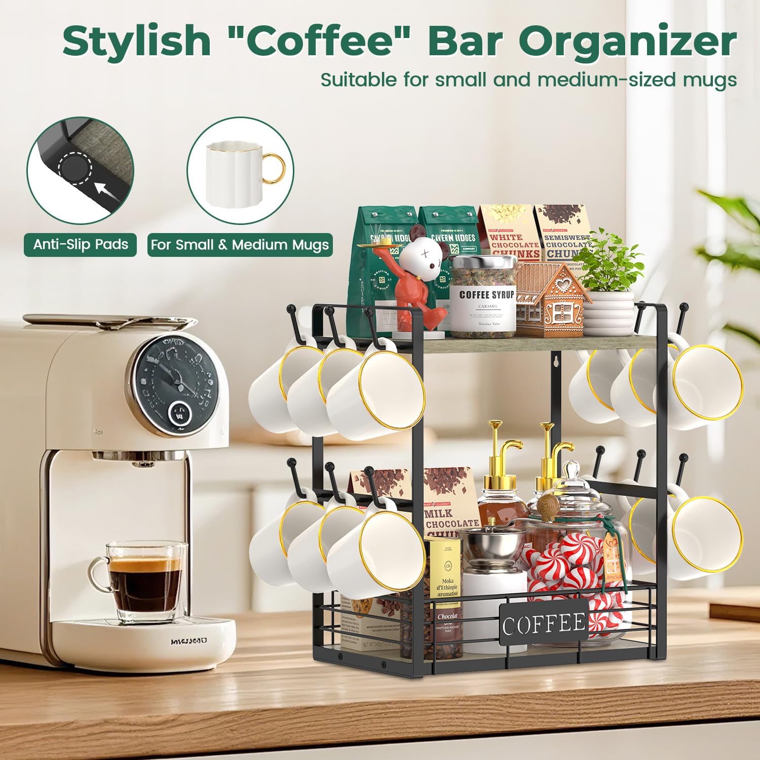 EsLuker.ly Coffee Mug Cup Holder Tree Bar Station Organizer, 2 Tier Grey Oak
