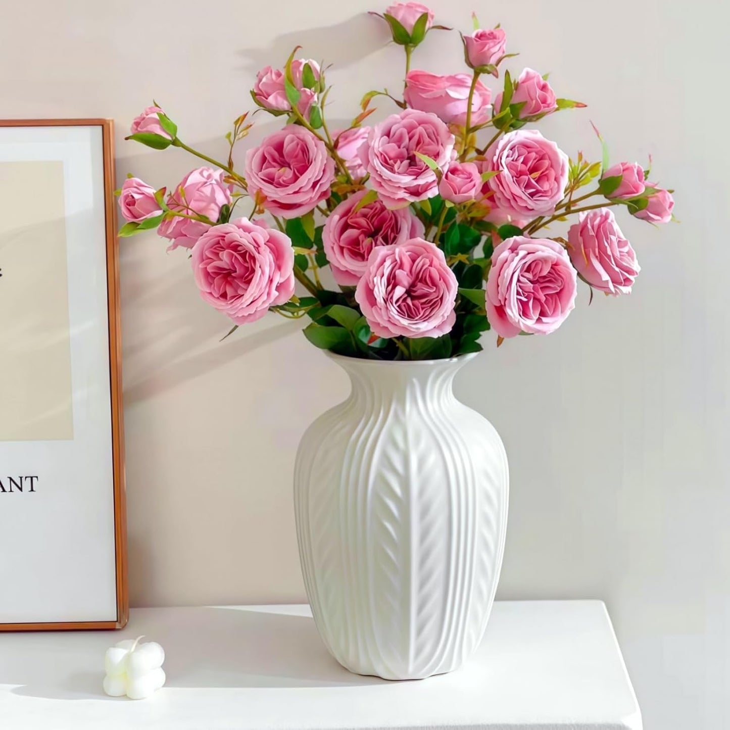 Wheat Textured White Ceramic Flowers Vase Modern Home Decor / Matte White / 10 Inch