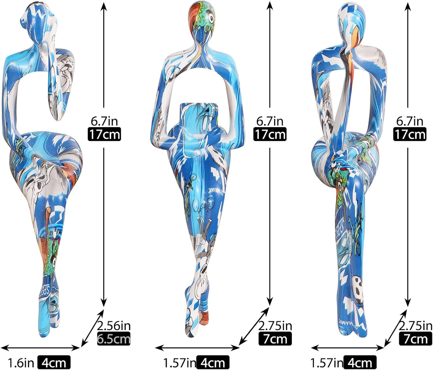 Resin Graffiti Home Decor Thinker Statue Accents / Blue / Set of 3