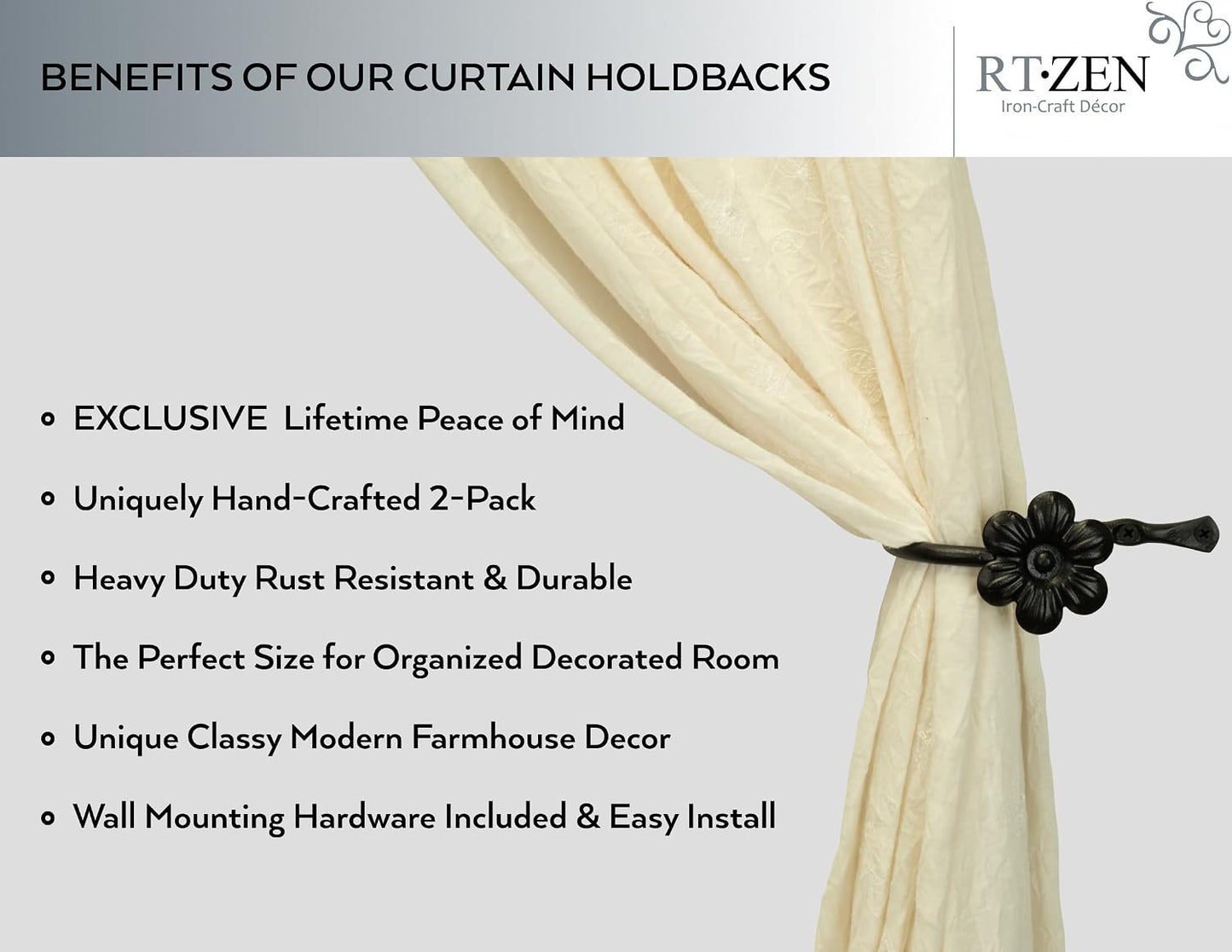 Decorative Metal Curtain Tiebacks - Farmhouse Wrought Iron Curtain Holdbacks - Drapery Holders for Wall - Unique Metal