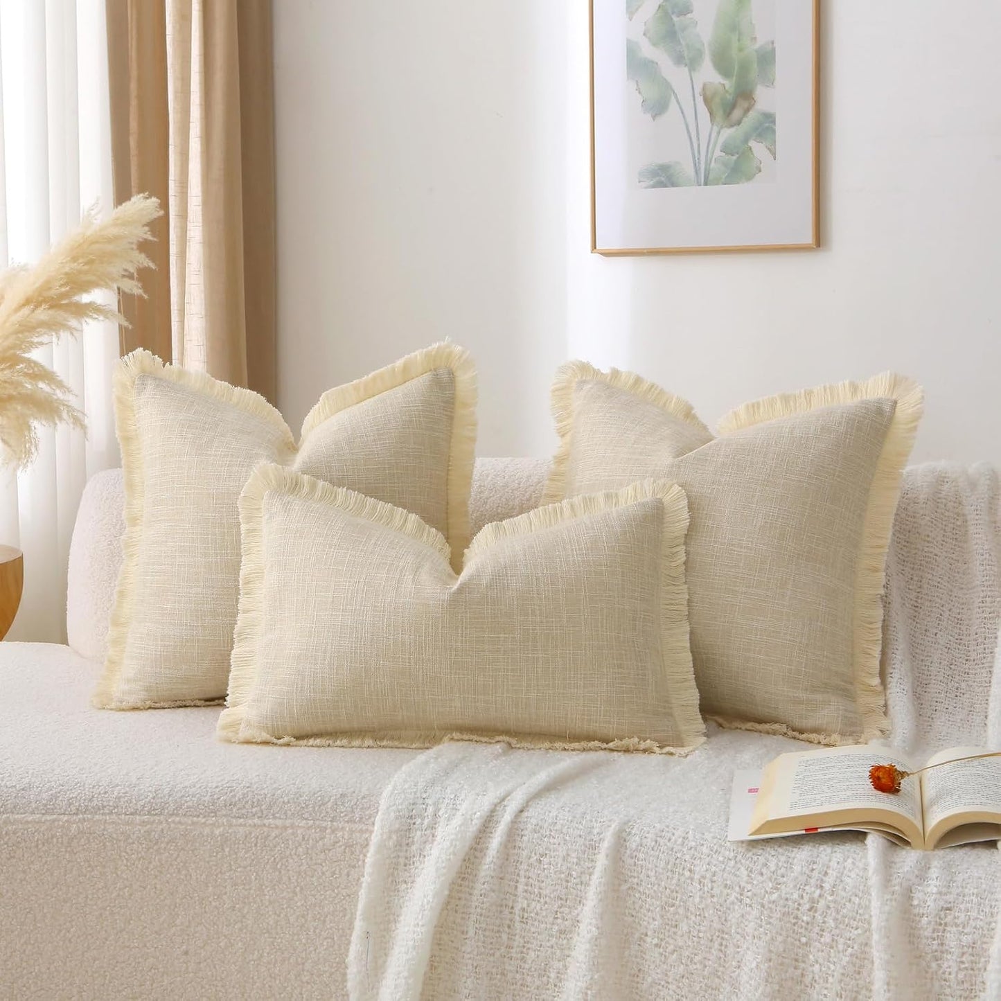 Natural Boho Burlap Fringe Decorative Throw Pillow Covers Rectangle / Beige / 20 x 12 / Set of 2