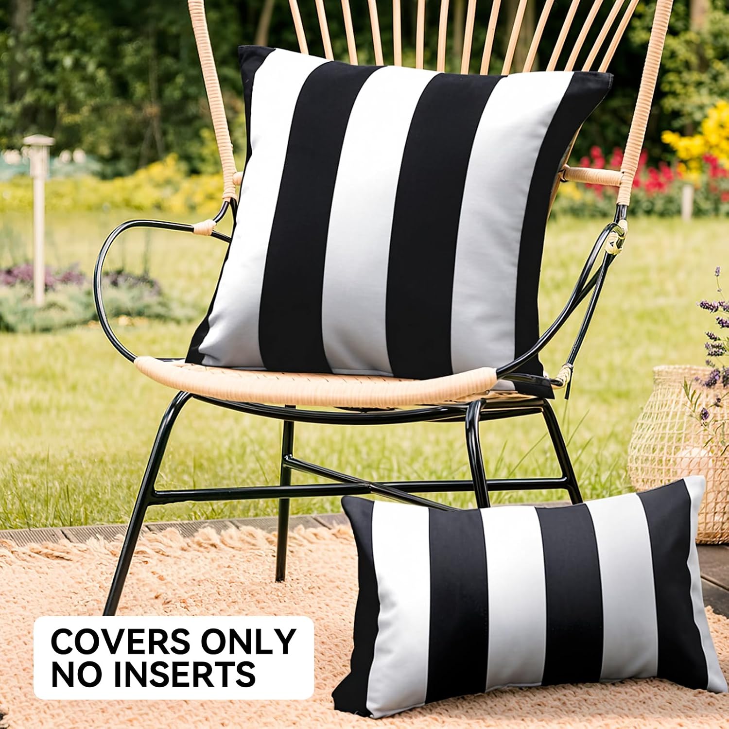 Decorative Outdoor Waterproof Striped Throw Pillow Covers / Black and White / 18 x 18 / Set of 2