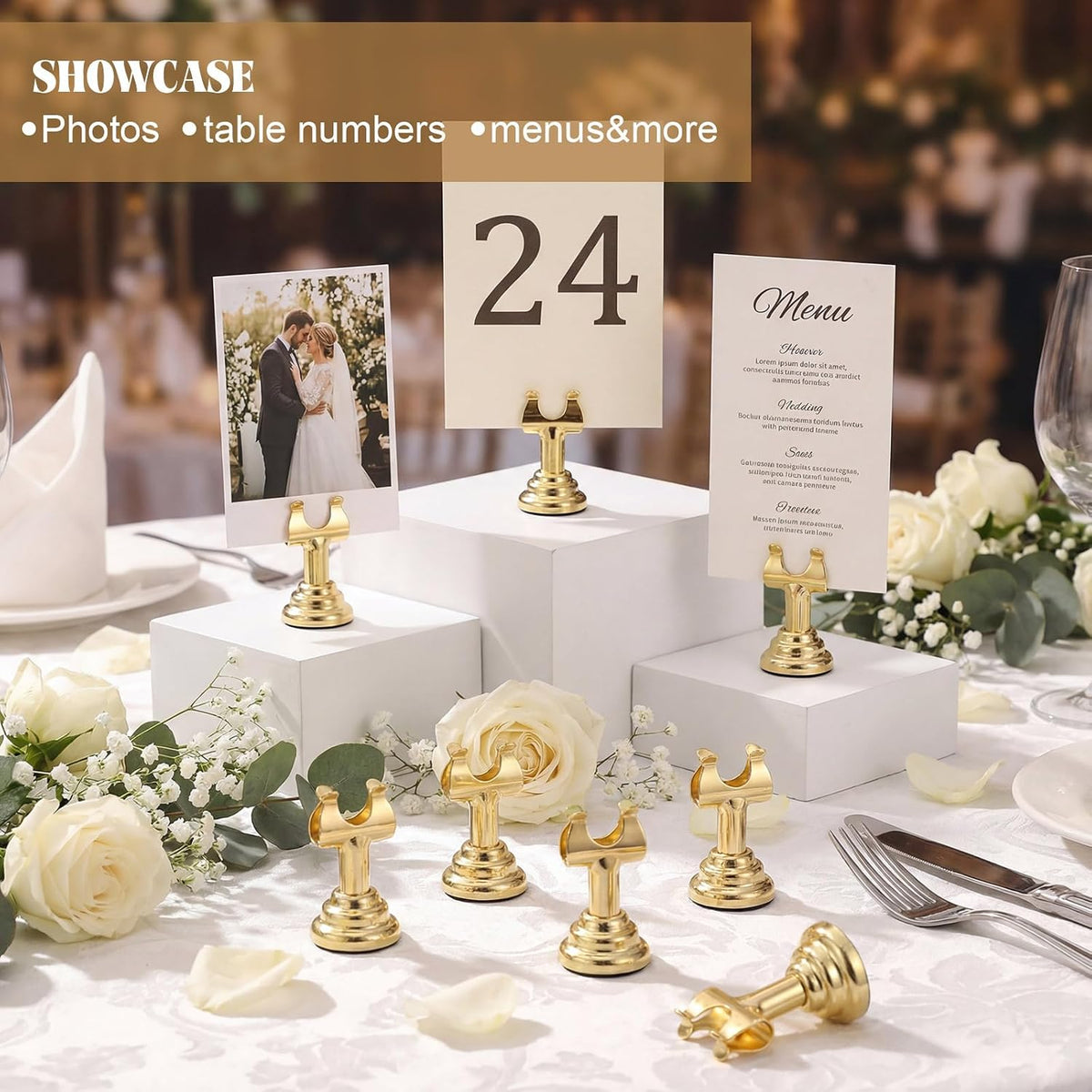 24 Pcs Gold Table Number Holders Metal 1.8 in Place Card Holders | Harp Clip Place Cards Stands for Wedding Restaurant