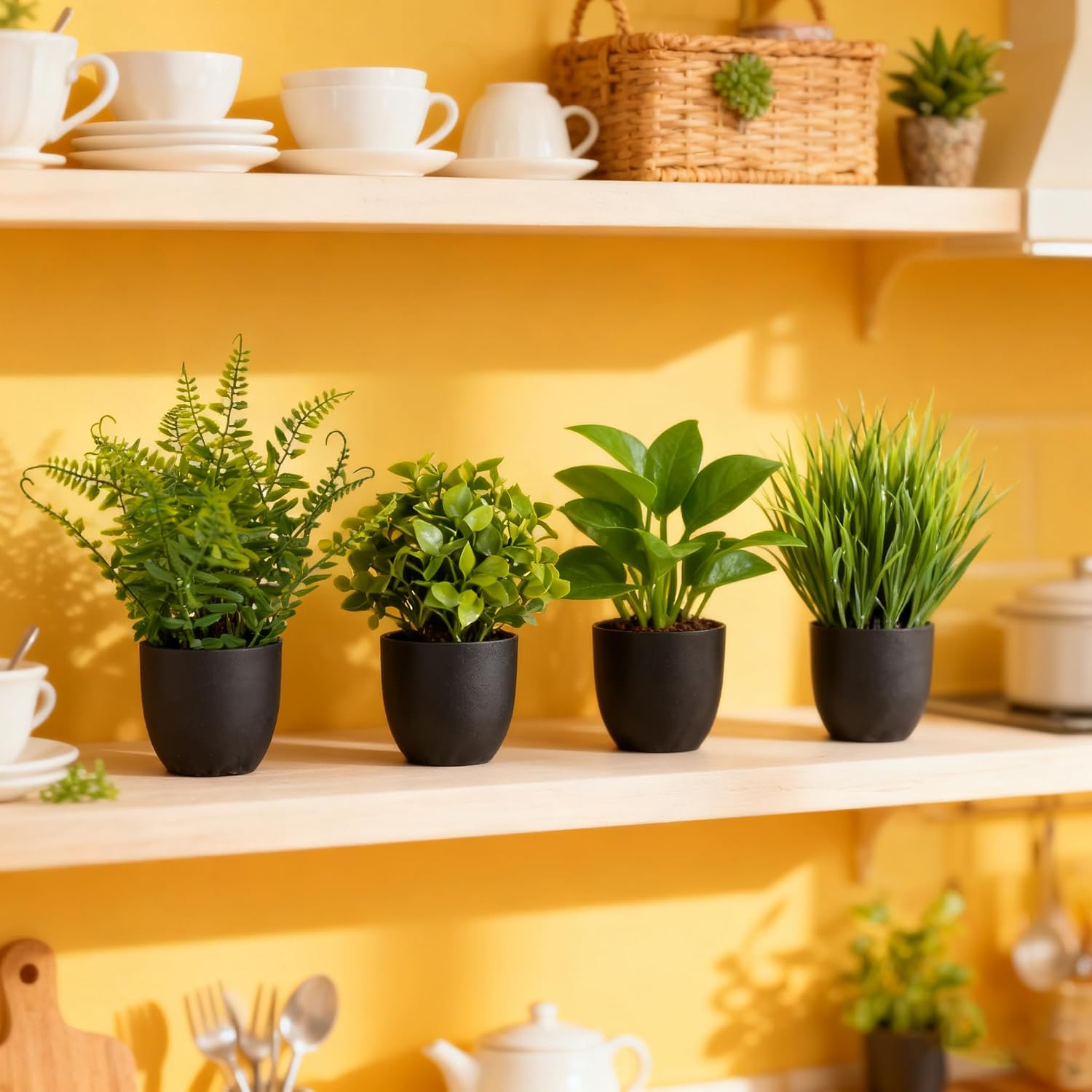 SENNI mini Artificial Simulation Plants and Plant Potted Plants Suitable / Green / Set of 6