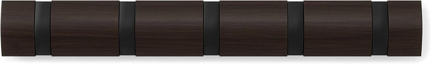 Umbra Flip Coat Rack, Wall Mounted 5-Hook Space Saving, Walnut/Black | Real wood and steel build, retractable hooks