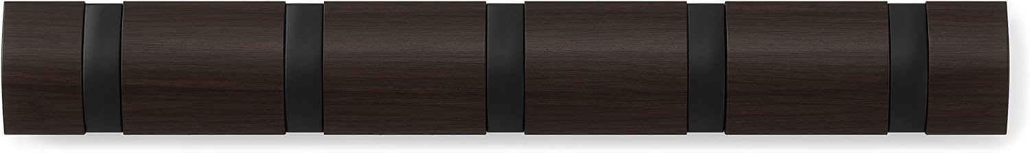 Umbra Flip Coat Rack, Wall Mounted 5-Hook Space Saving, Walnut/Black | Real wood and steel build, retractable hooks